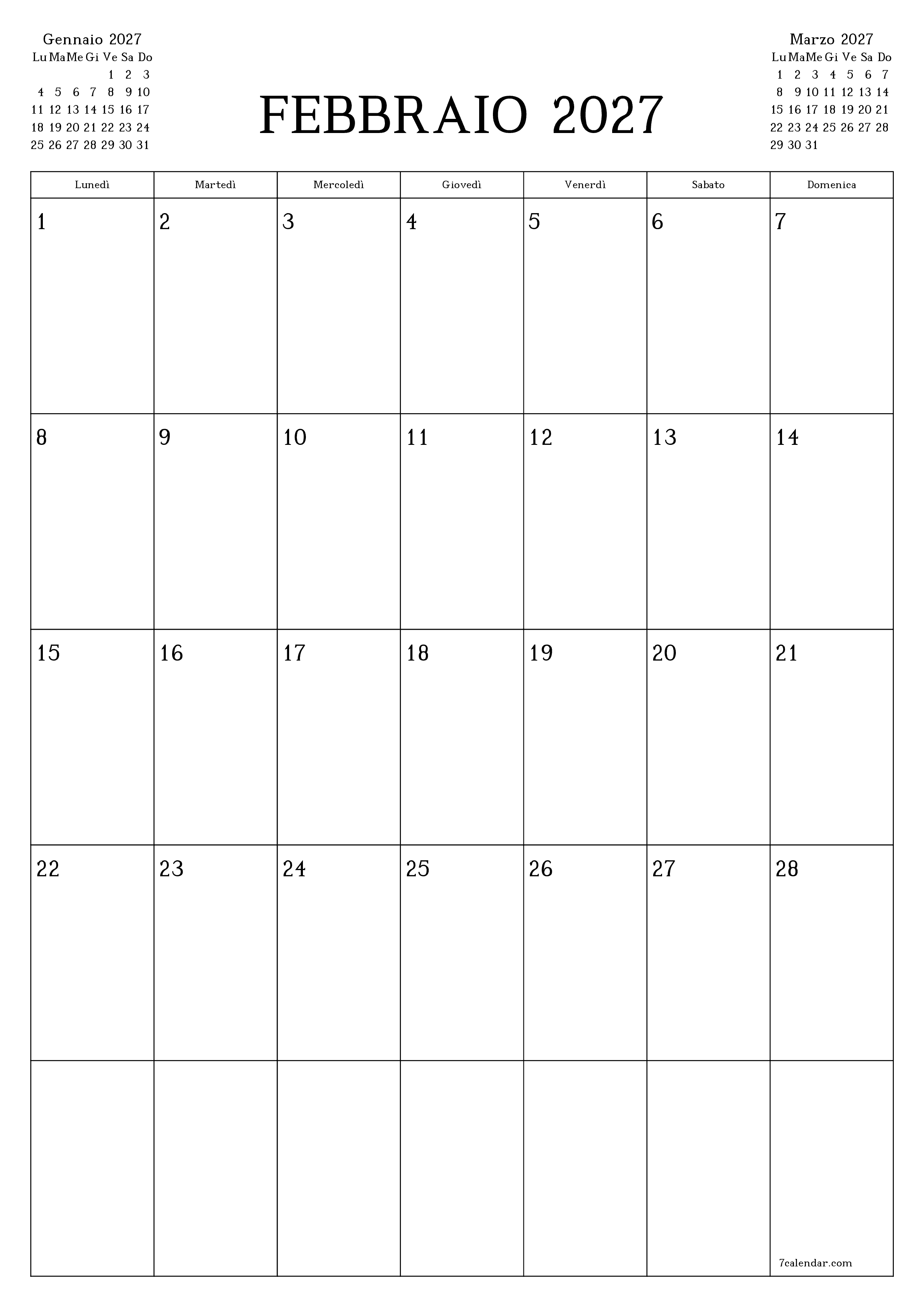 Pianificatore mensile vuoto per il mese Febbraio 2027 con note, salva e stampa in PDF PNG Italian