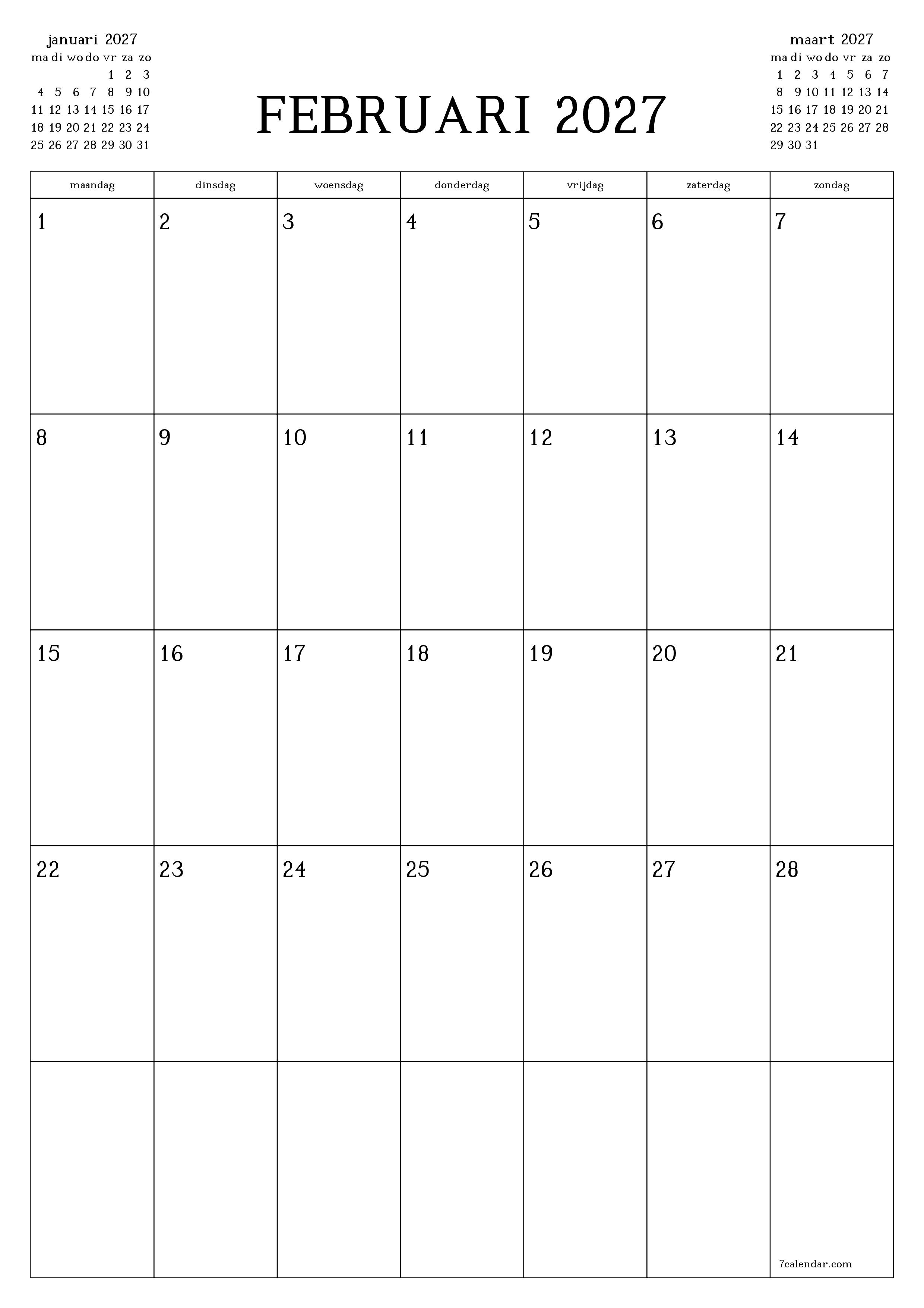 Lege maandplanner voor maand februari 2027 met notities, opslaan en afdrukken naar pdf PNG Dutch