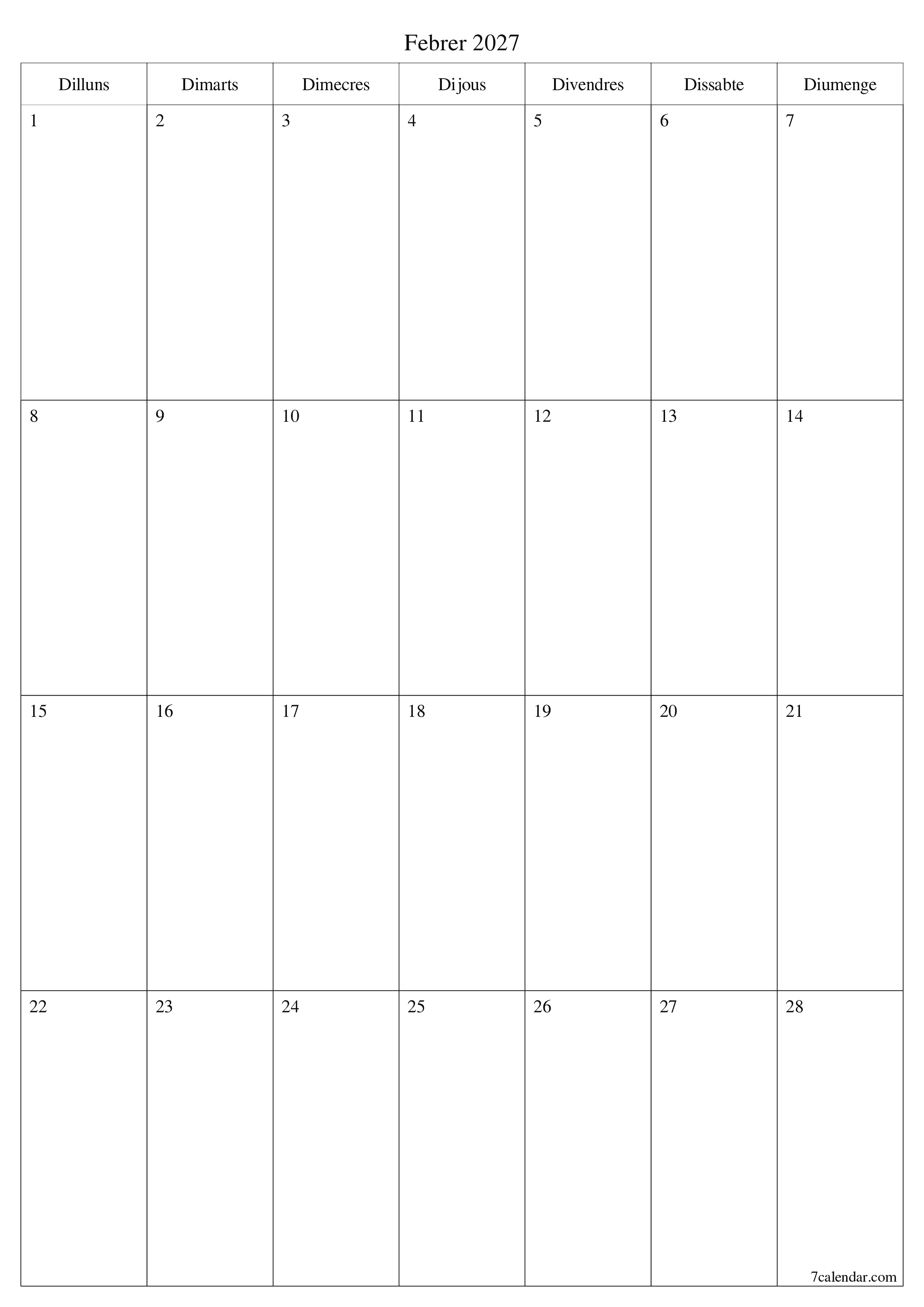 Planificador mensual buit del mes Febrer 2027 amb notes, deseu-lo i imprimiu-lo en format PDF PNG Catalan