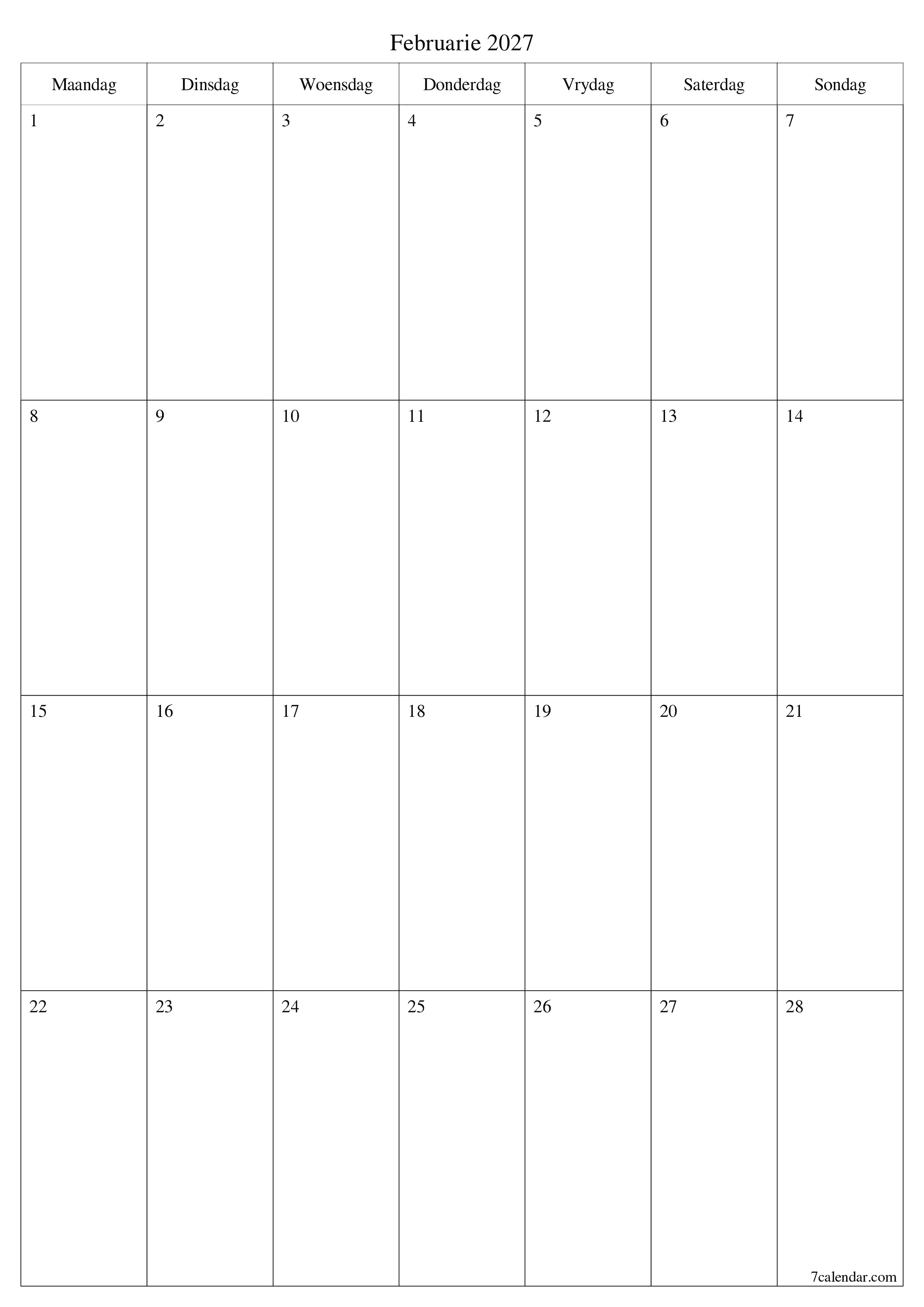 Leë maandelikse drukbare kalender en beplanner vir maand Februarie 2027 met notas stoor en druk na PDF PNG Afrikaans