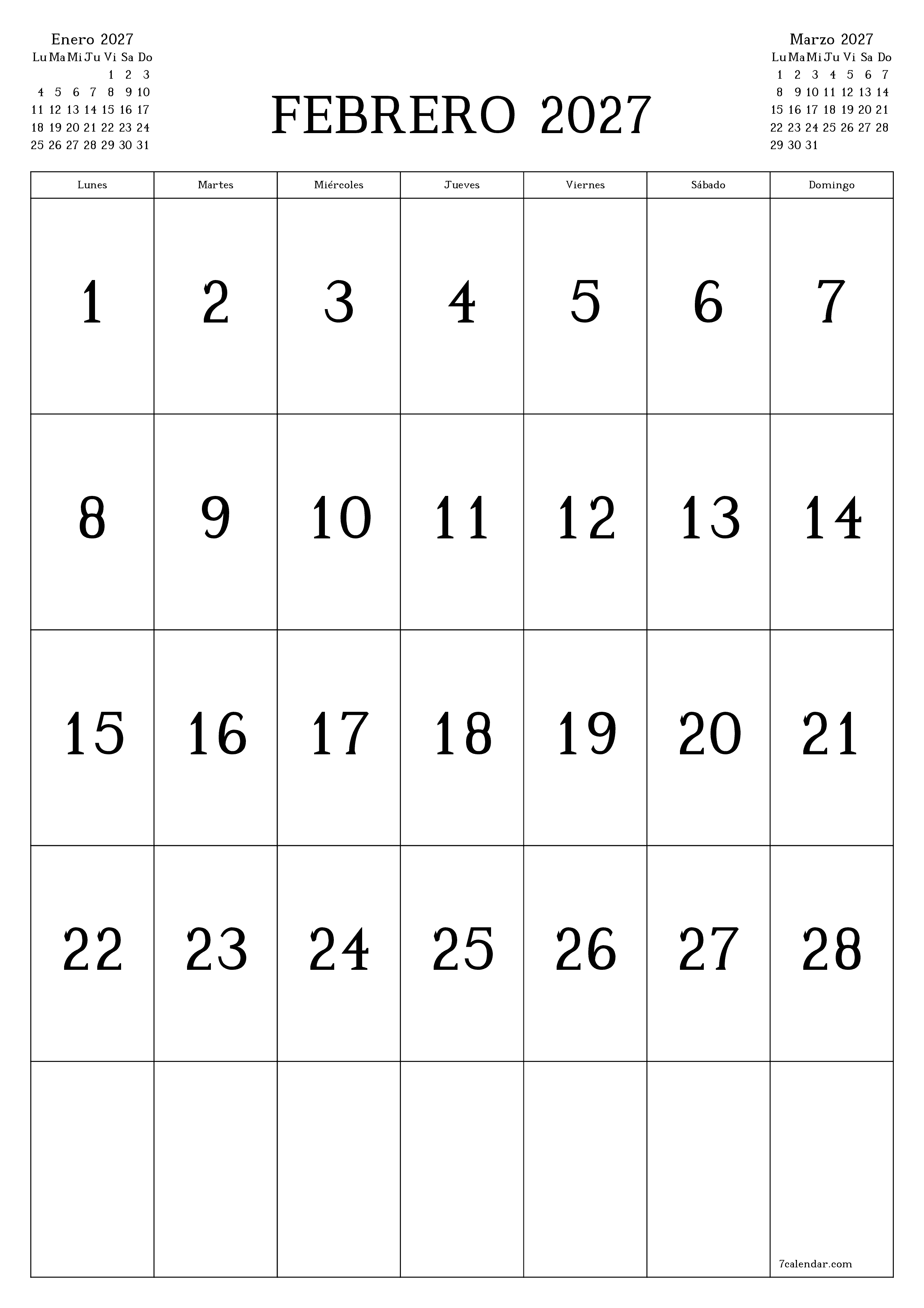 Planificador mensual vacío para el mes Febrero 2027 con notas, guardar e imprimir en PDF PNG Spanish