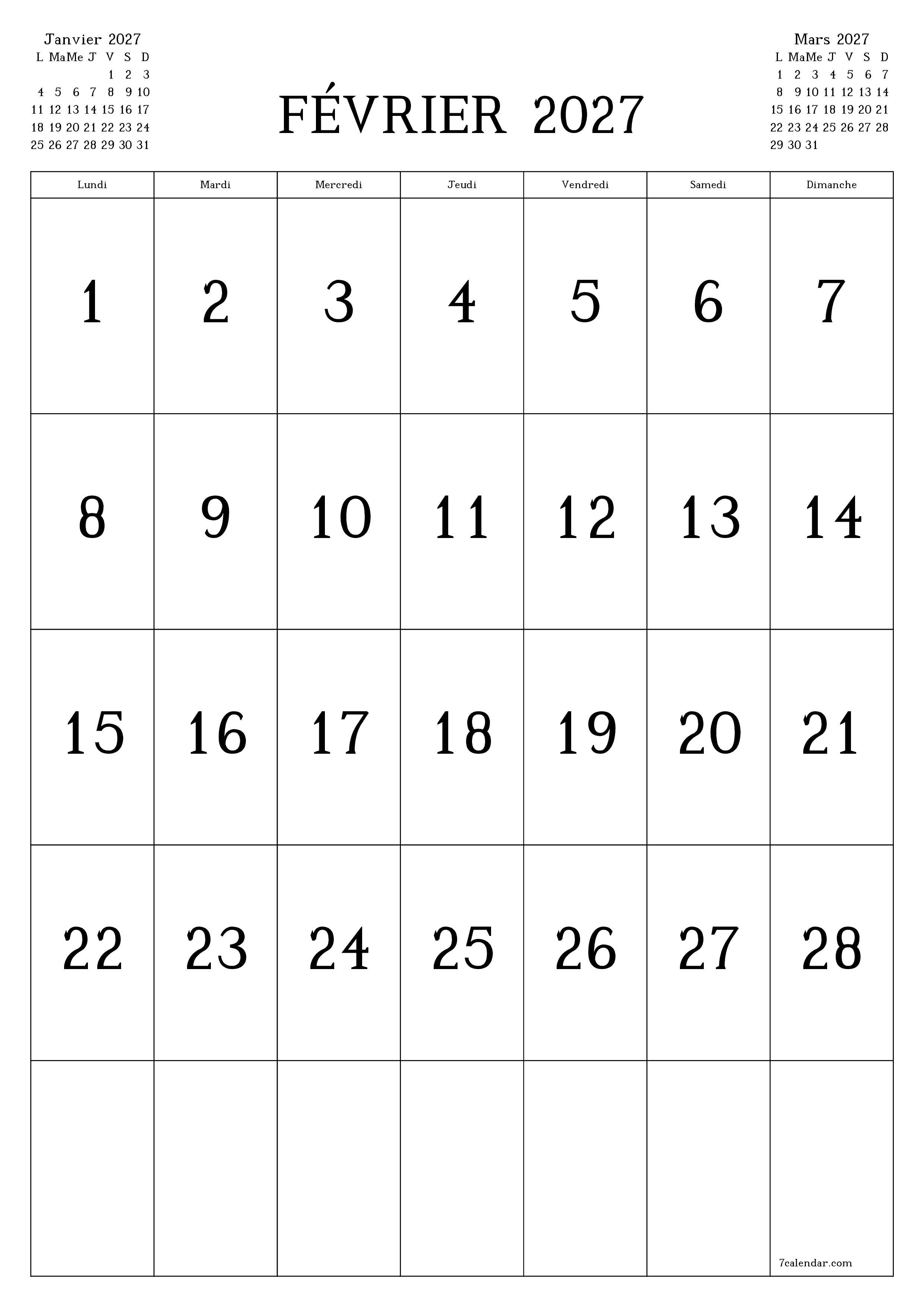  imprimable mural modèle de gratuitverticale Mensuel calendrier Février (Fév) 2027