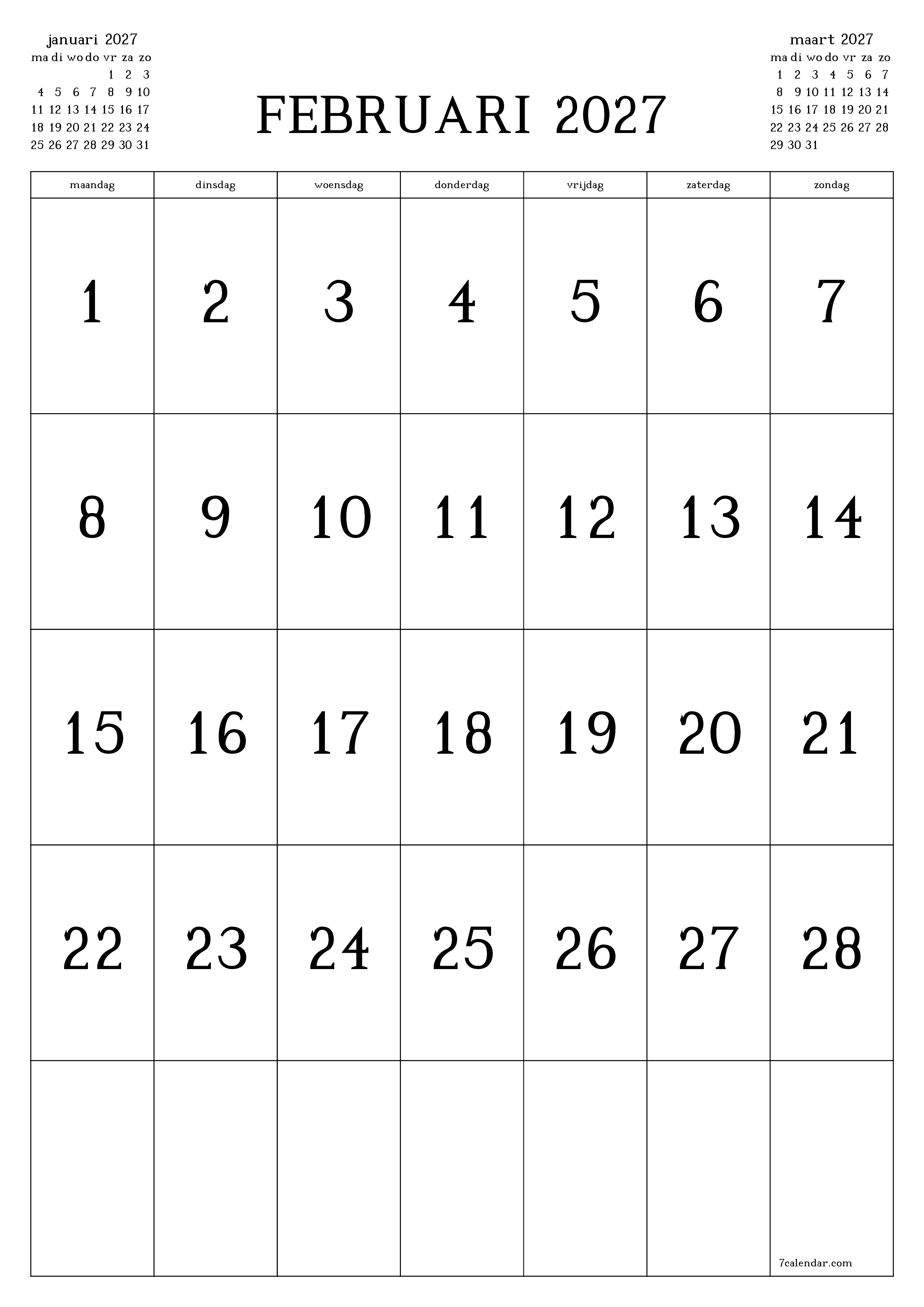 afdrukbare muur sjabloon gratis verticaal Maandelijks kalender februari (feb) 2027