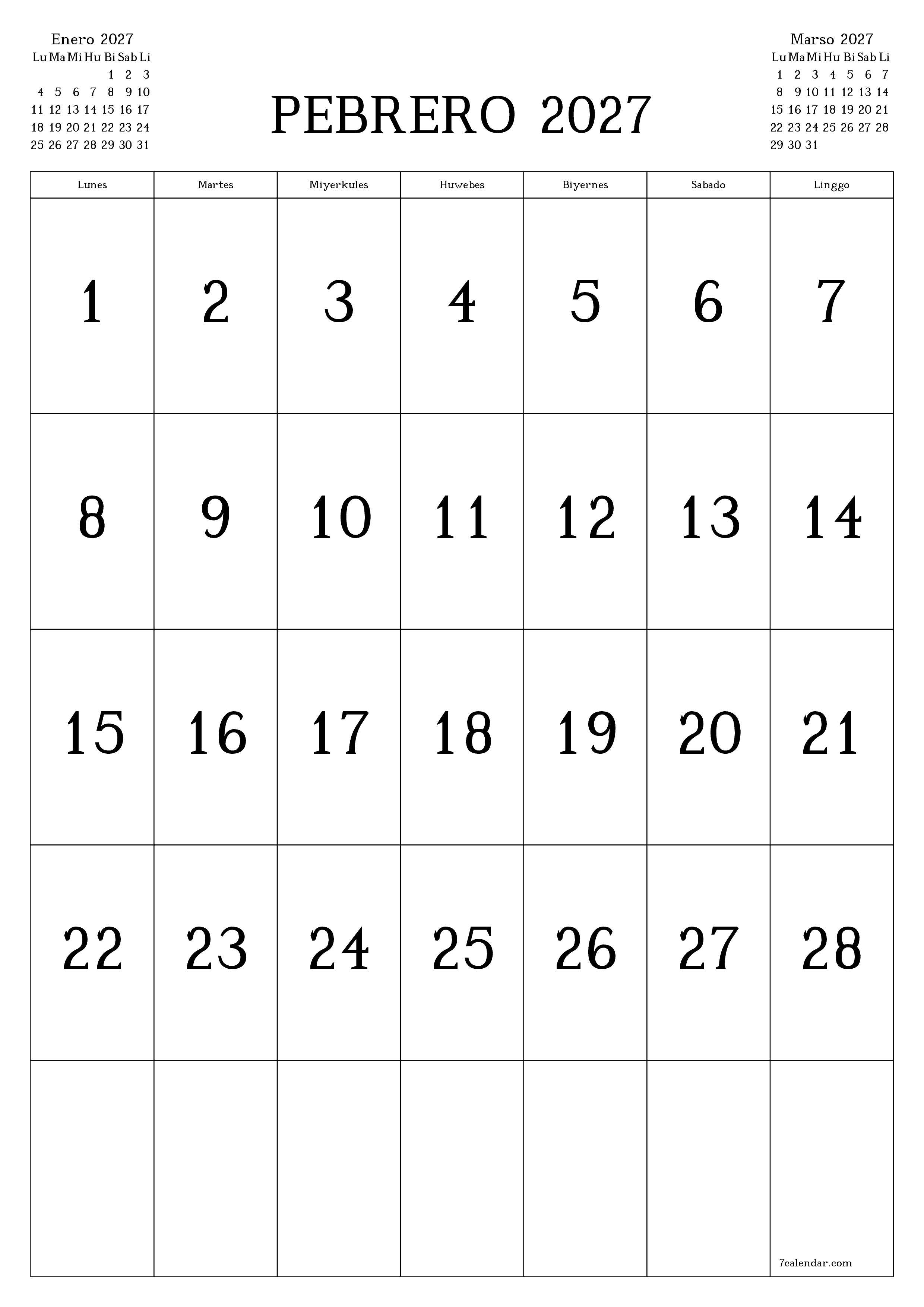 napi-print na sa dingding template ng libreng patayo Buwanang kalendaryo Pebrero (Peb) 2027