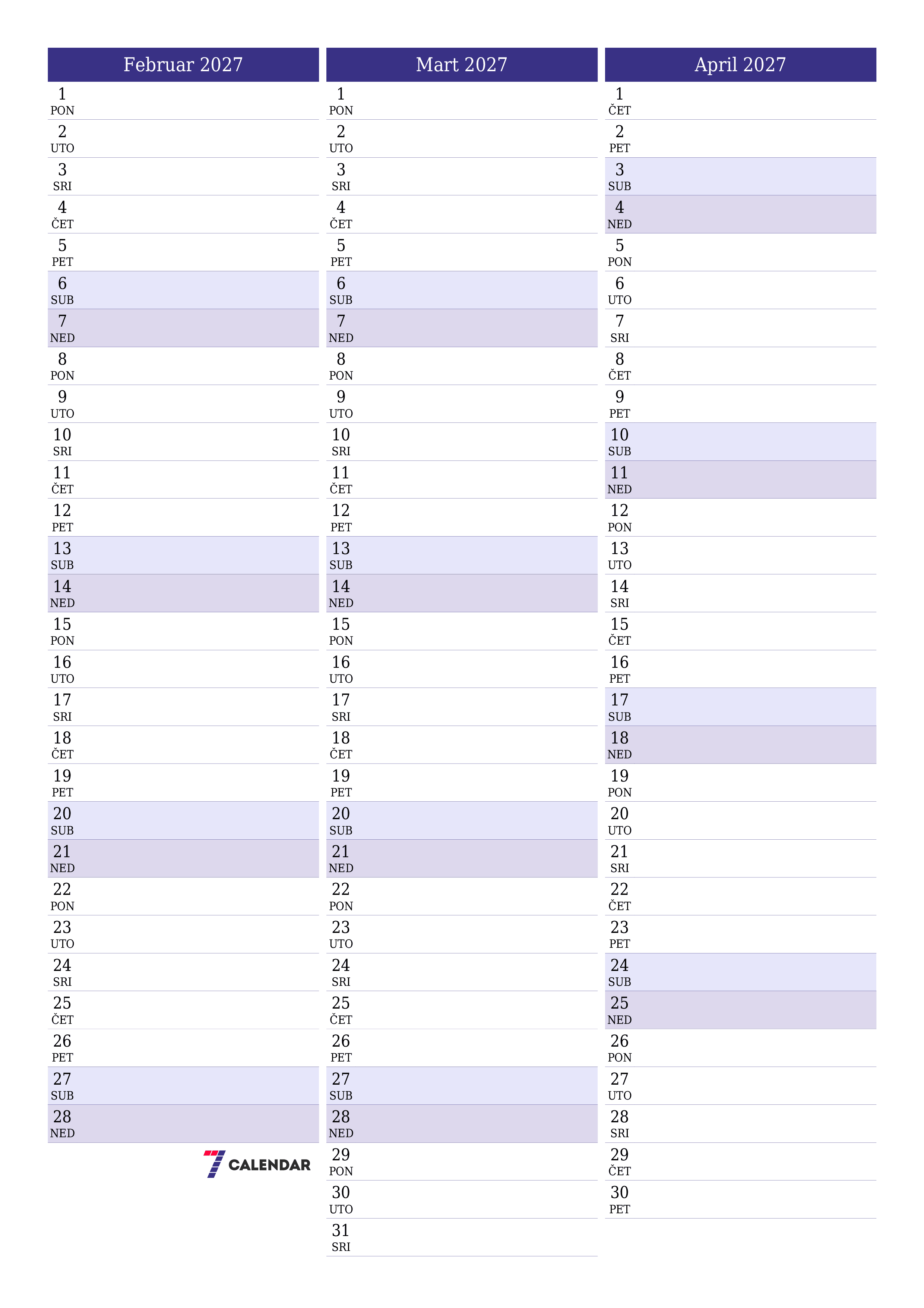 Ispraznite mjesečni planer za mjesec Februar 2027 s bilješkama, spremite i ispišite u PDF PNG Bosnian