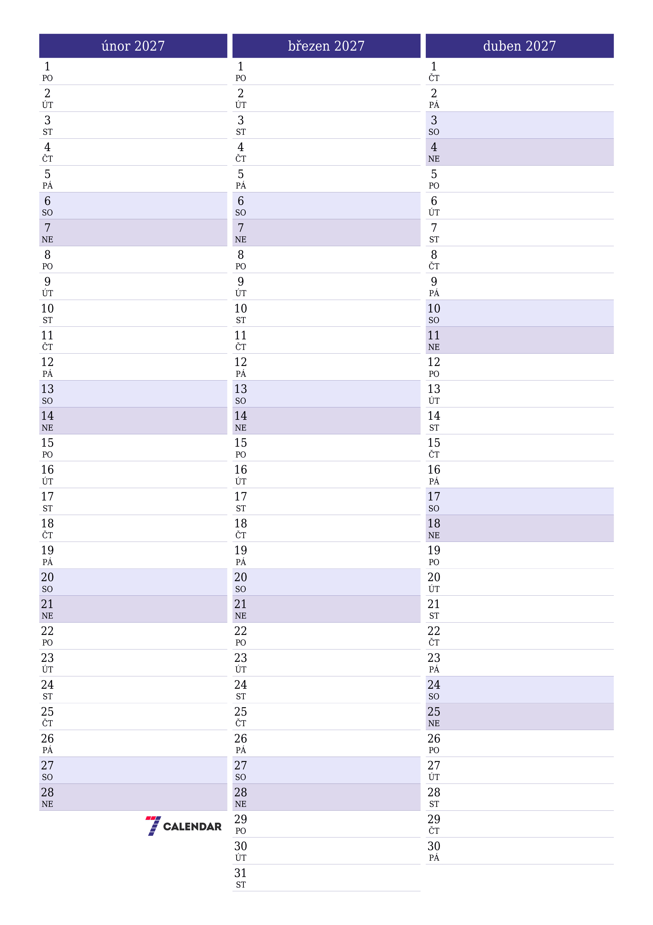 Vyprázdnit měsíční plánovač na měsíc únor 2027 s poznámkami, uložit a vytisknout do PDF PNG Czech