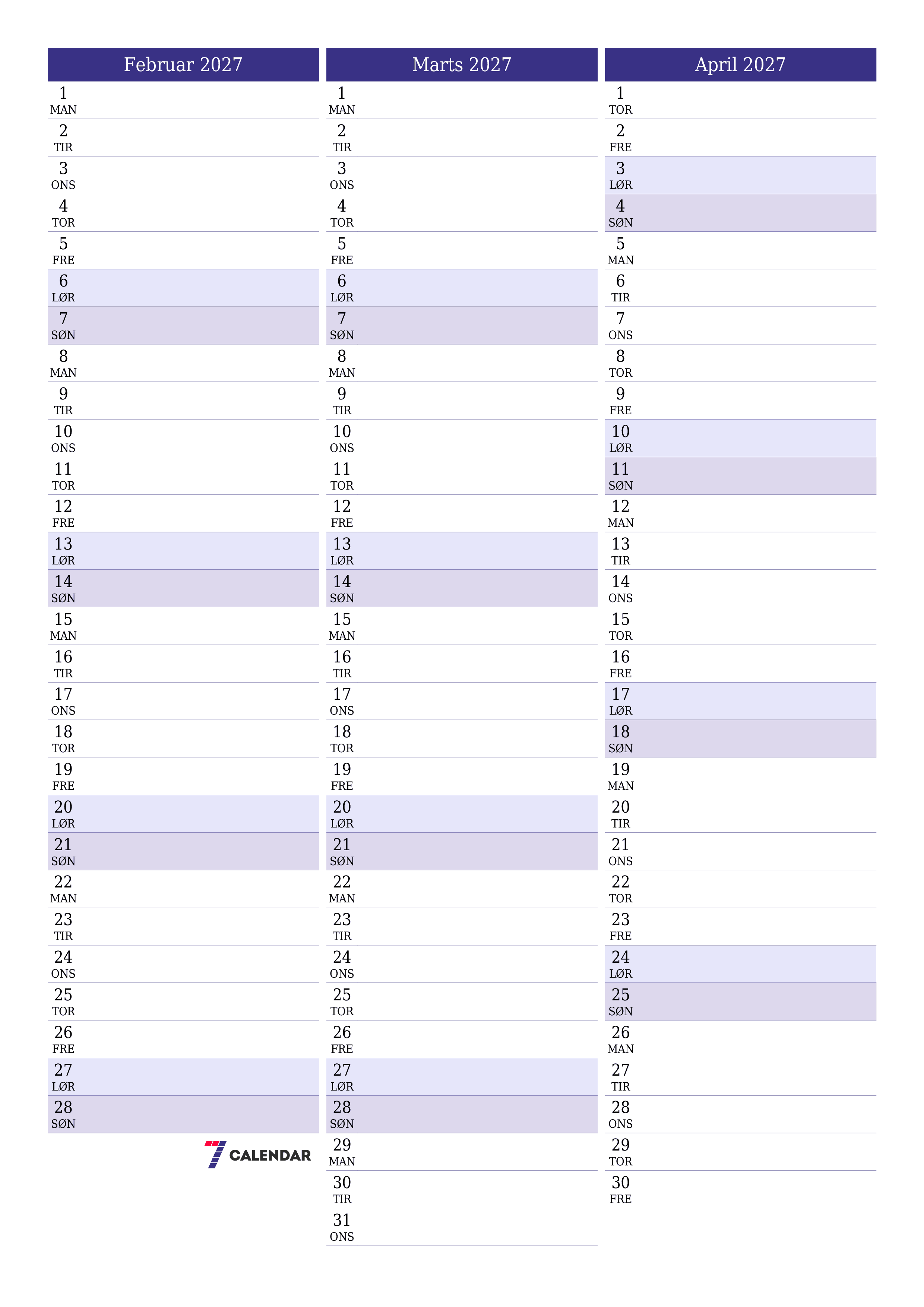 Tom månedlig planlægning for måned Februar 2027 med noter, gem og udskriv til PDF PNG Danish