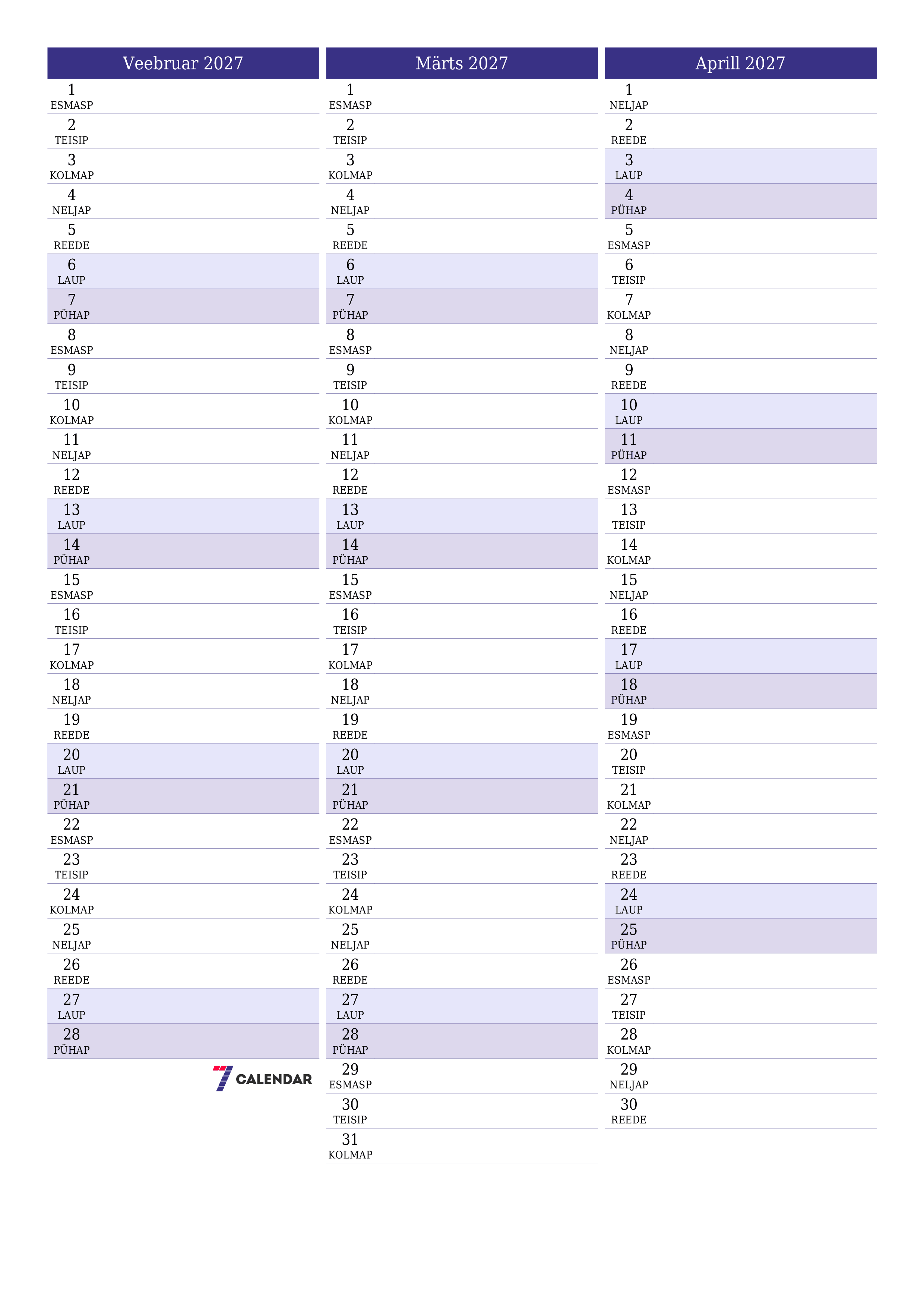 prinditav seina kalendri mall tasuta vertikaalne Igakuine planeerija kalender Veebruar (Veebr) 2027