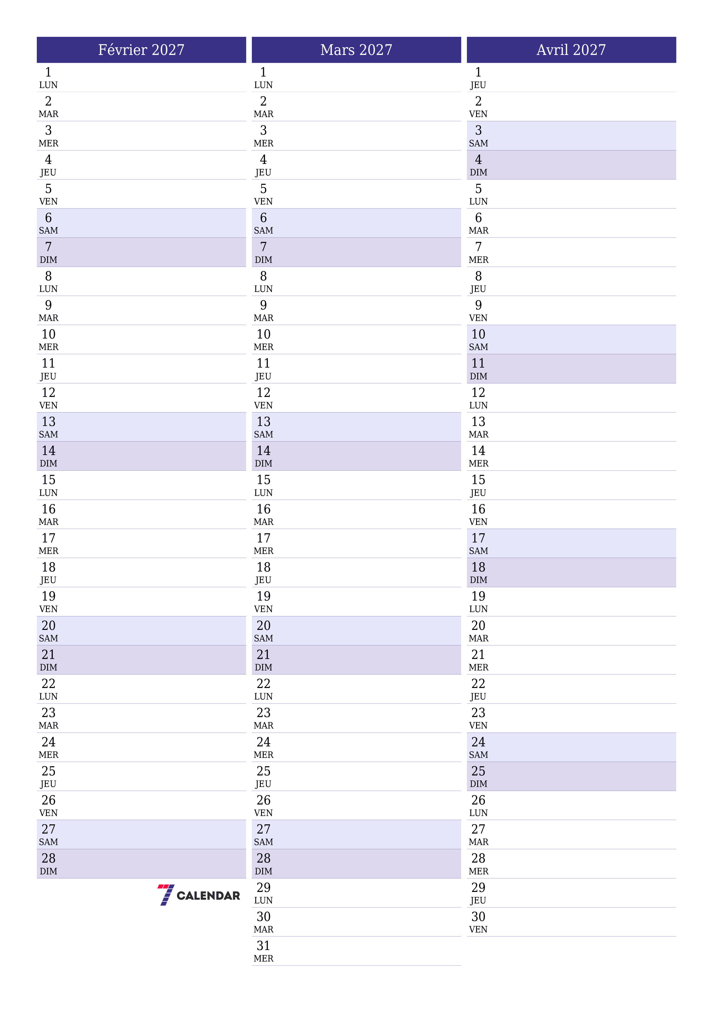 Agenda mensuel vide pour le mois Février 2027 avec notes, enregistrez et imprimez au format PDF PNG French