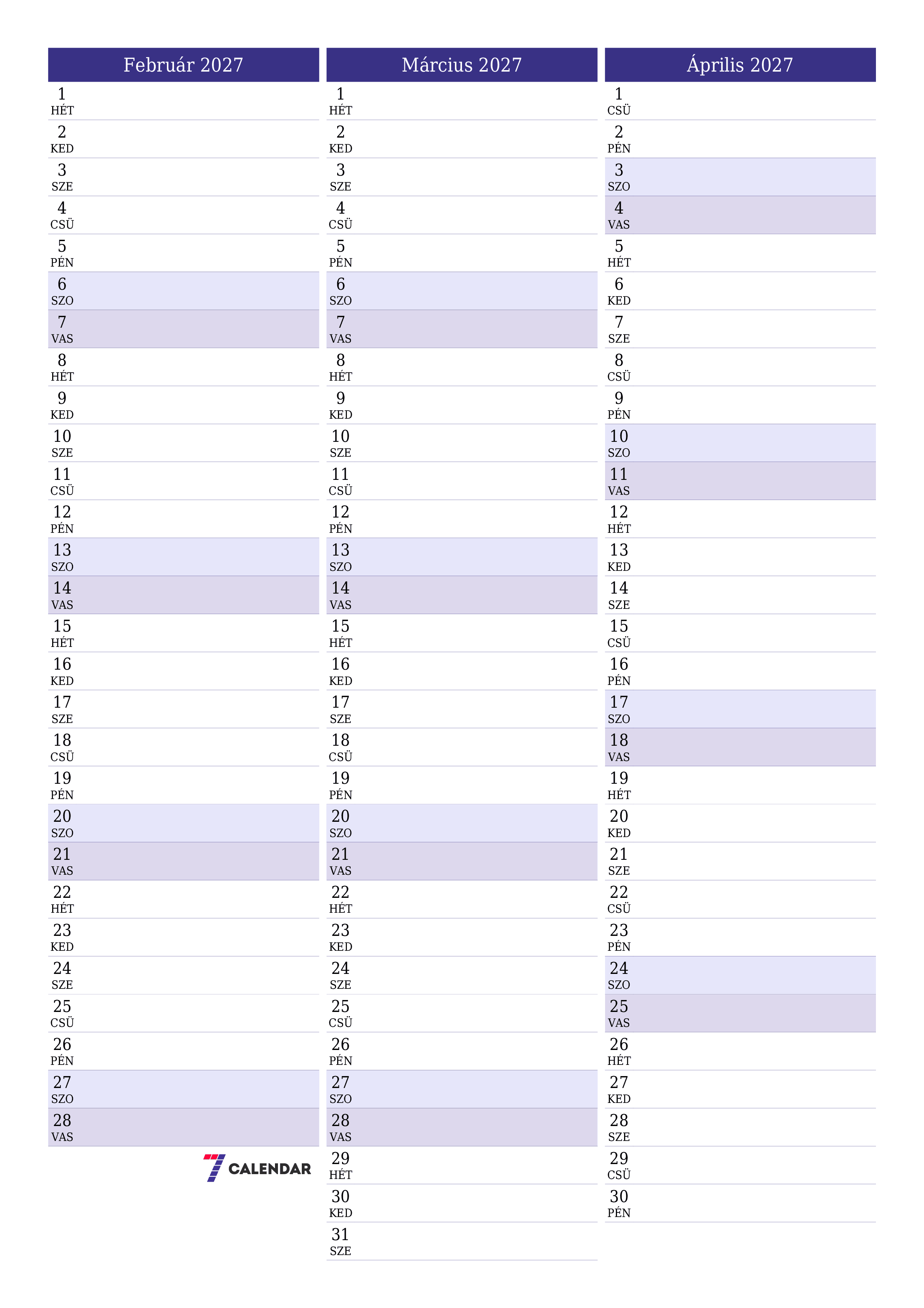 Üres havi tervező a Február 2027 hónapra jegyzetekkel, mentés és nyomtatás PDF-be PNG Hungarian