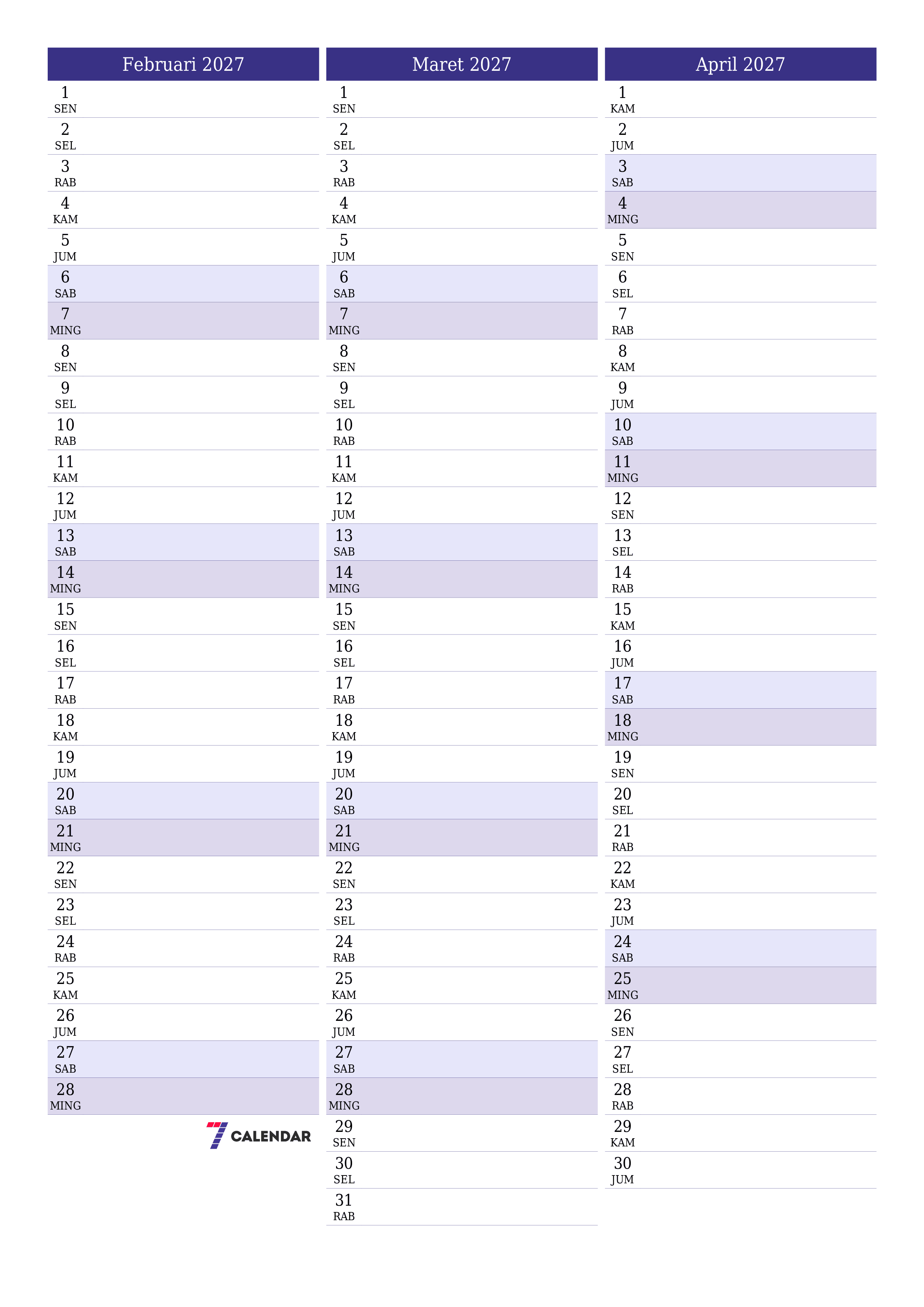  yang dapat dicetak dinding templat gratisvertikal Bulanan perencana kalender Februari (Feb) 2027