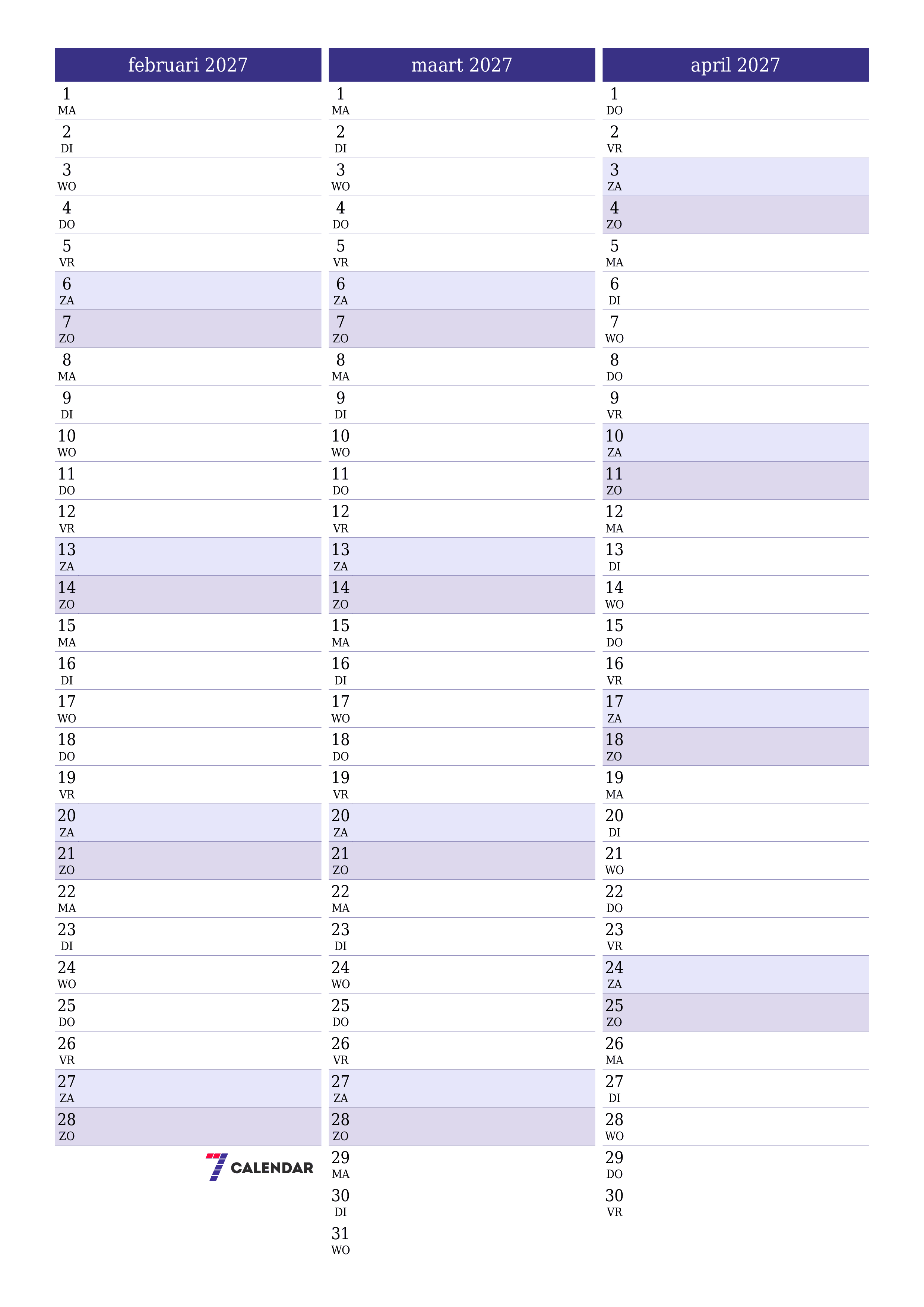 Lege maandplanner voor maand februari 2027 met notities, opslaan en afdrukken naar pdf PNG Dutch