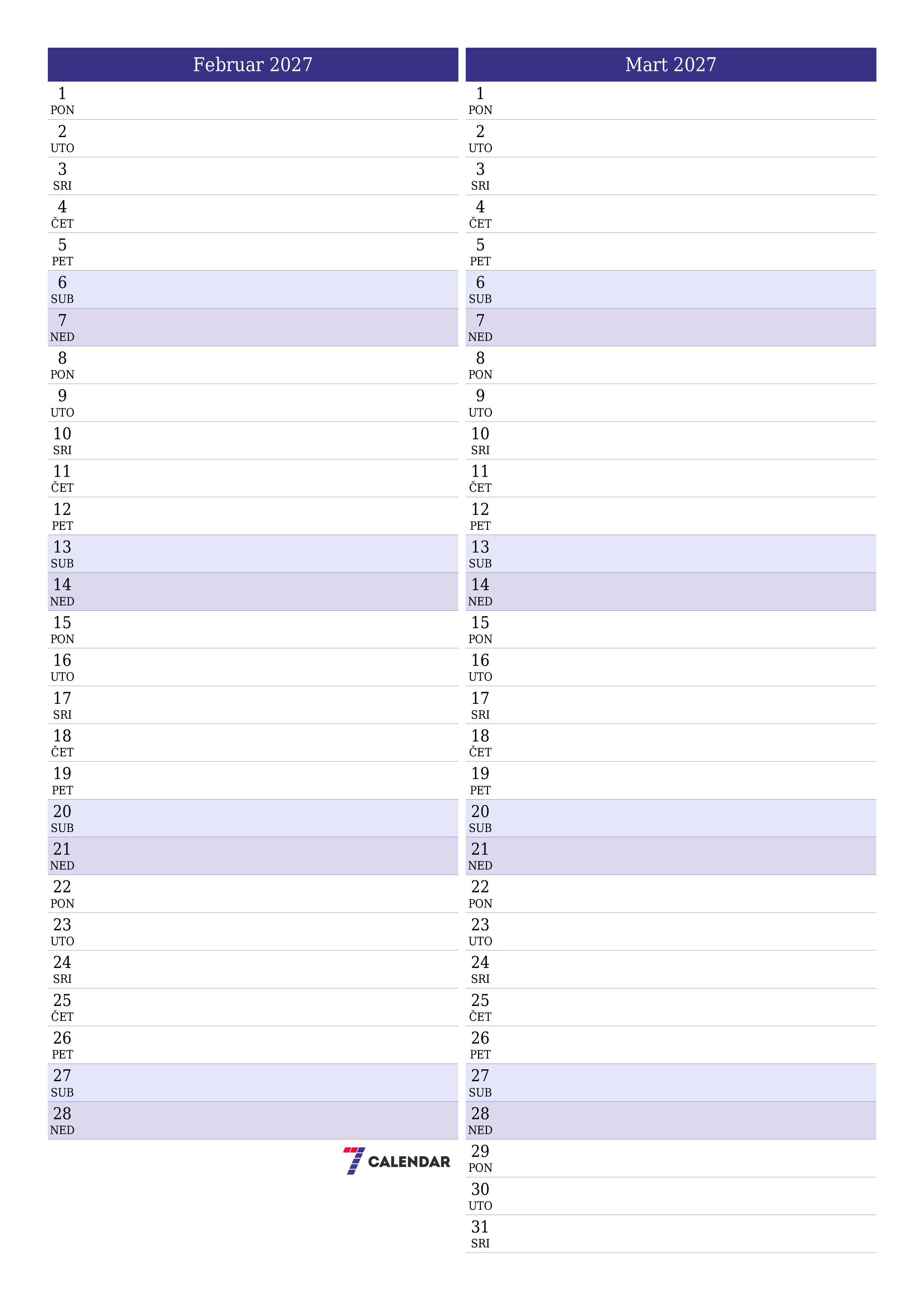 Ispraznite mjesečni planer za mjesec Februar 2027 s bilješkama, spremite i ispišite u PDF PNG Bosnian