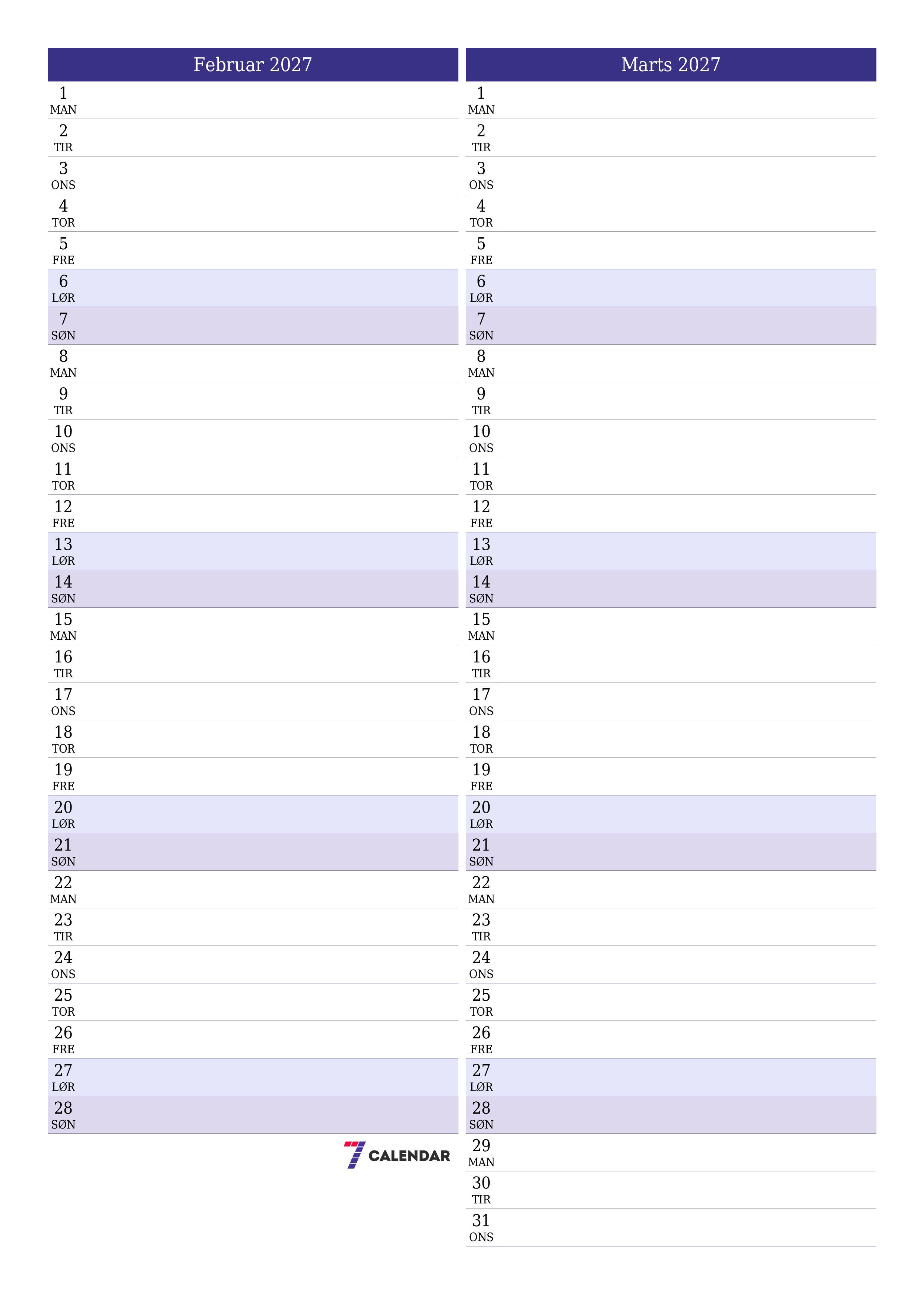 Tom månedlig planlægning for måned Februar 2027 med noter, gem og udskriv til PDF PNG Danish