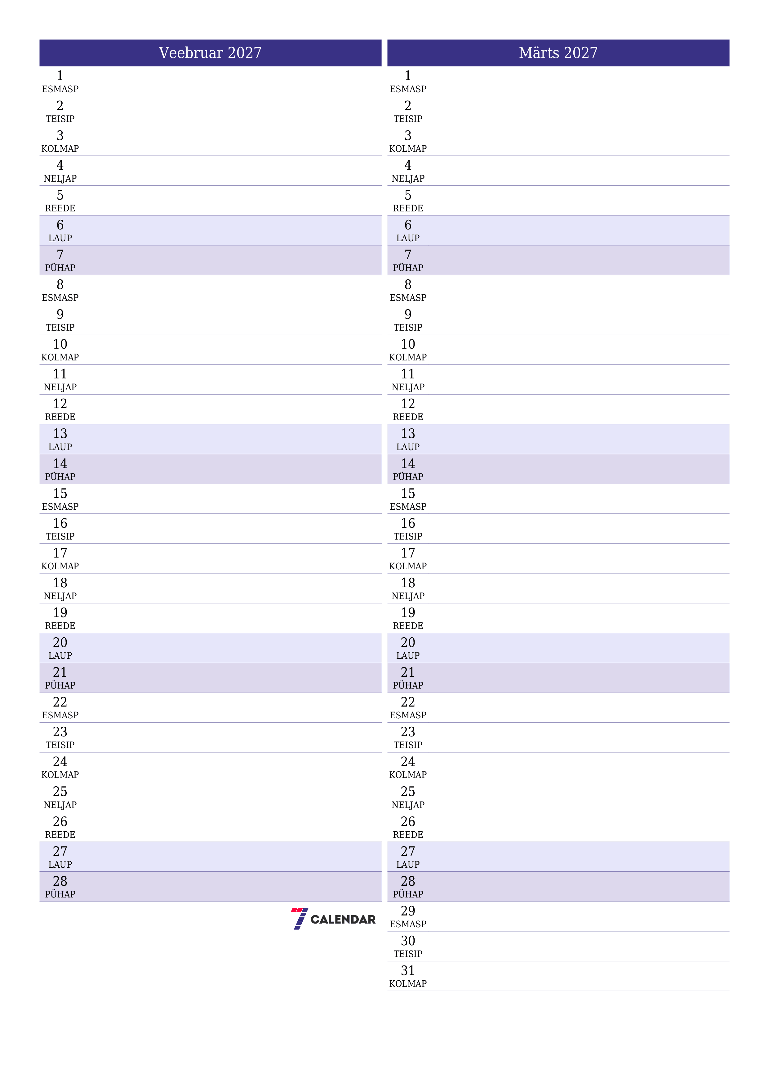 Tühjendage kuu Veebruar 2027 kuuplaneerija märkmetega, salvestage ja printige PDF-i PNG Estonian