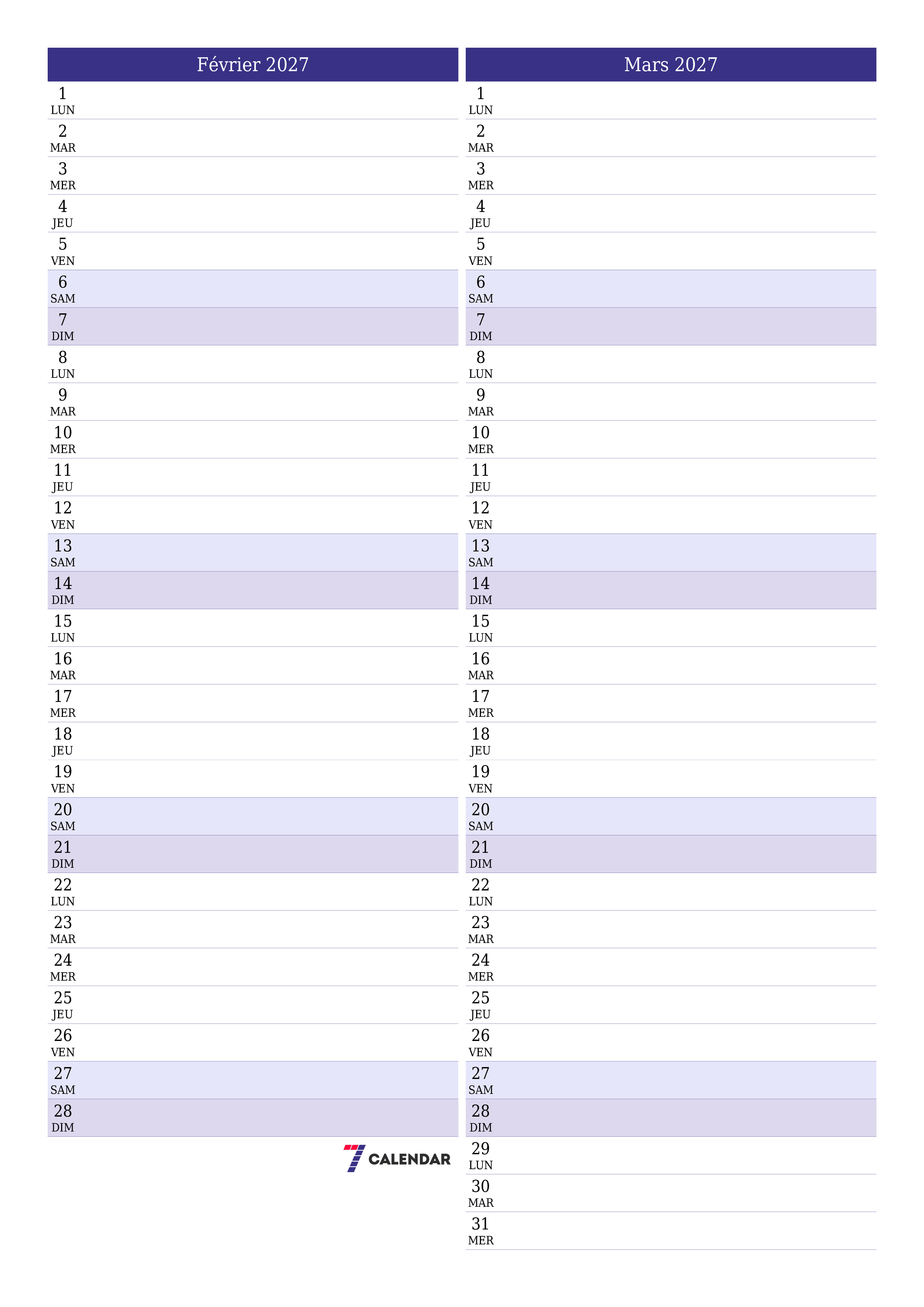 Agenda mensuel vide pour le mois Février 2027 avec notes, enregistrez et imprimez au format PDF PNG French