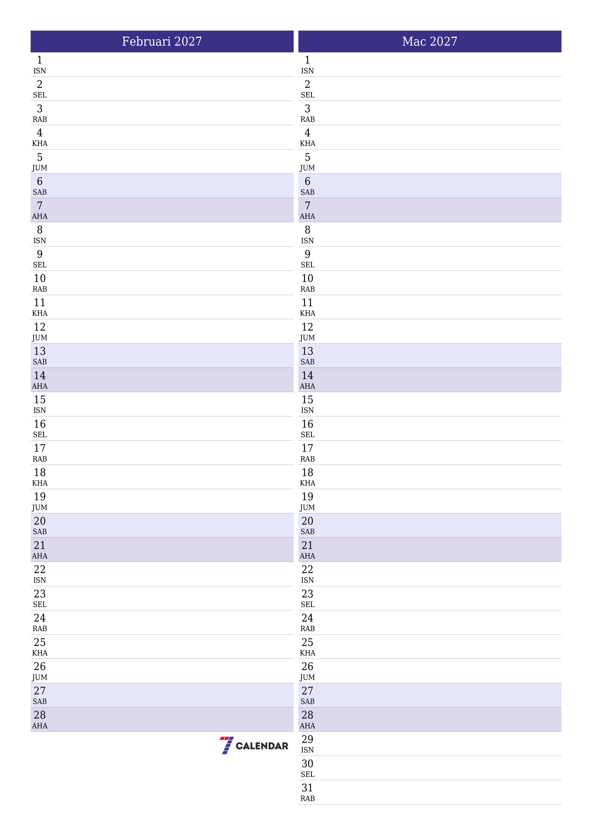 Perancang bulanan kosong untuk bulan Februari 2027 dengan nota, simpan dan cetak ke PDF PNG Malay