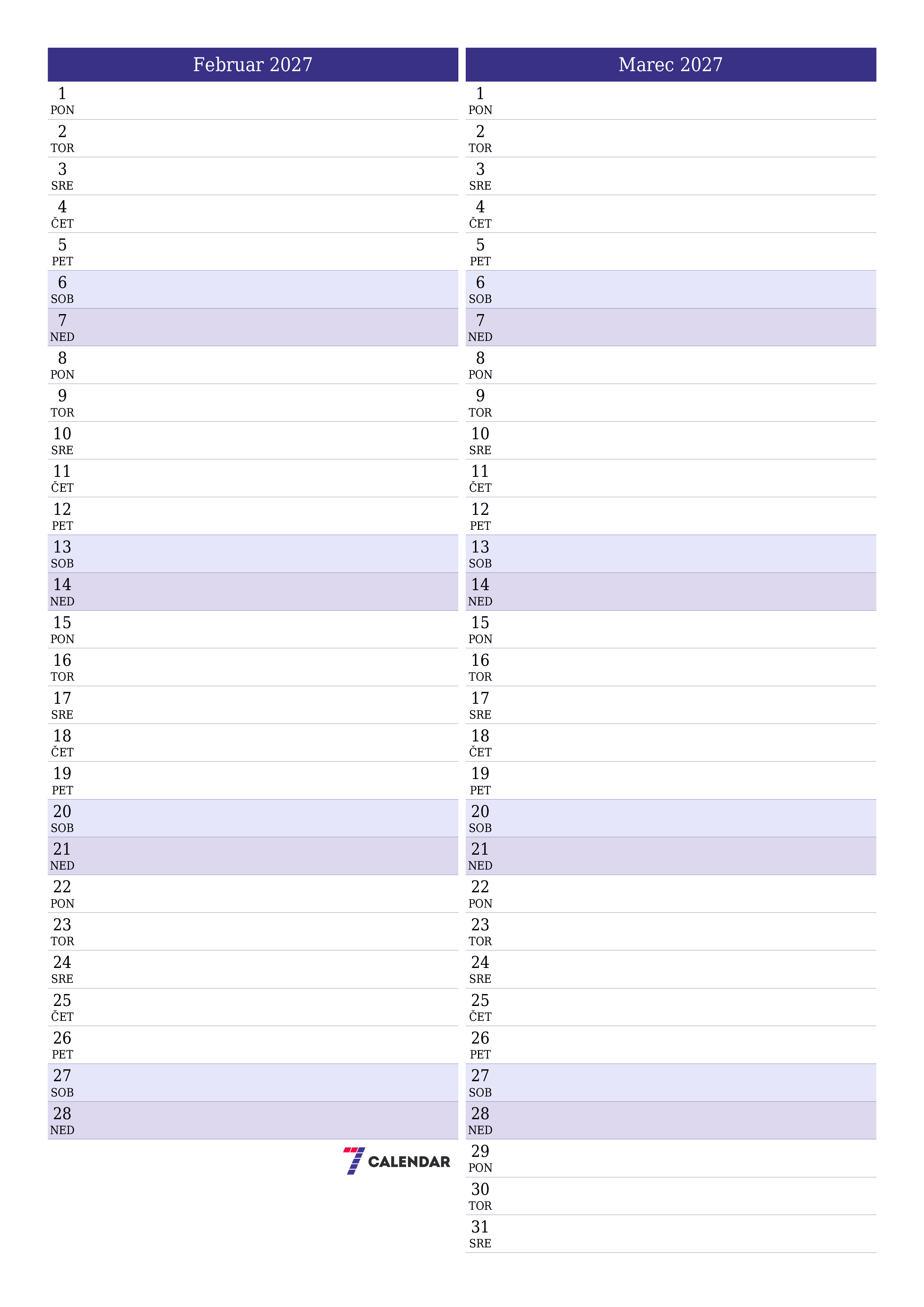 Prazen mesečni načrtovalec koledarja za mesec Februar 2027 z opombami, natisnjenimi v PDF PNG Slovenian