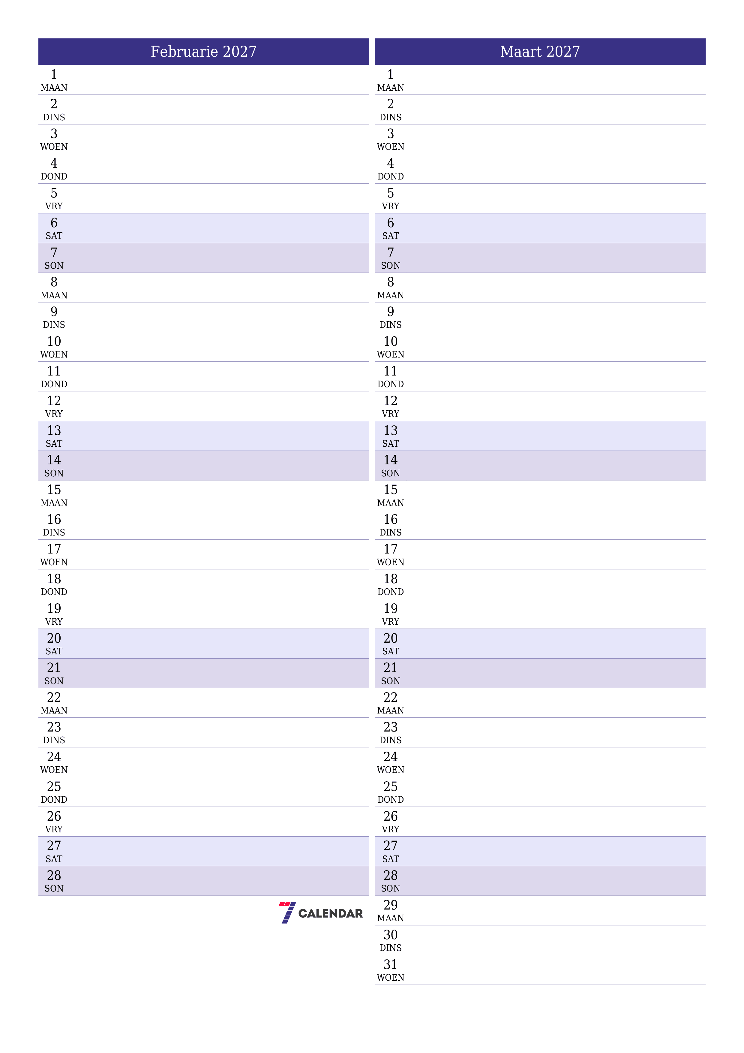 Leë maandelikse drukbare kalender en beplanner vir maand Februarie 2027 met notas stoor en druk na PDF PNG Afrikaans