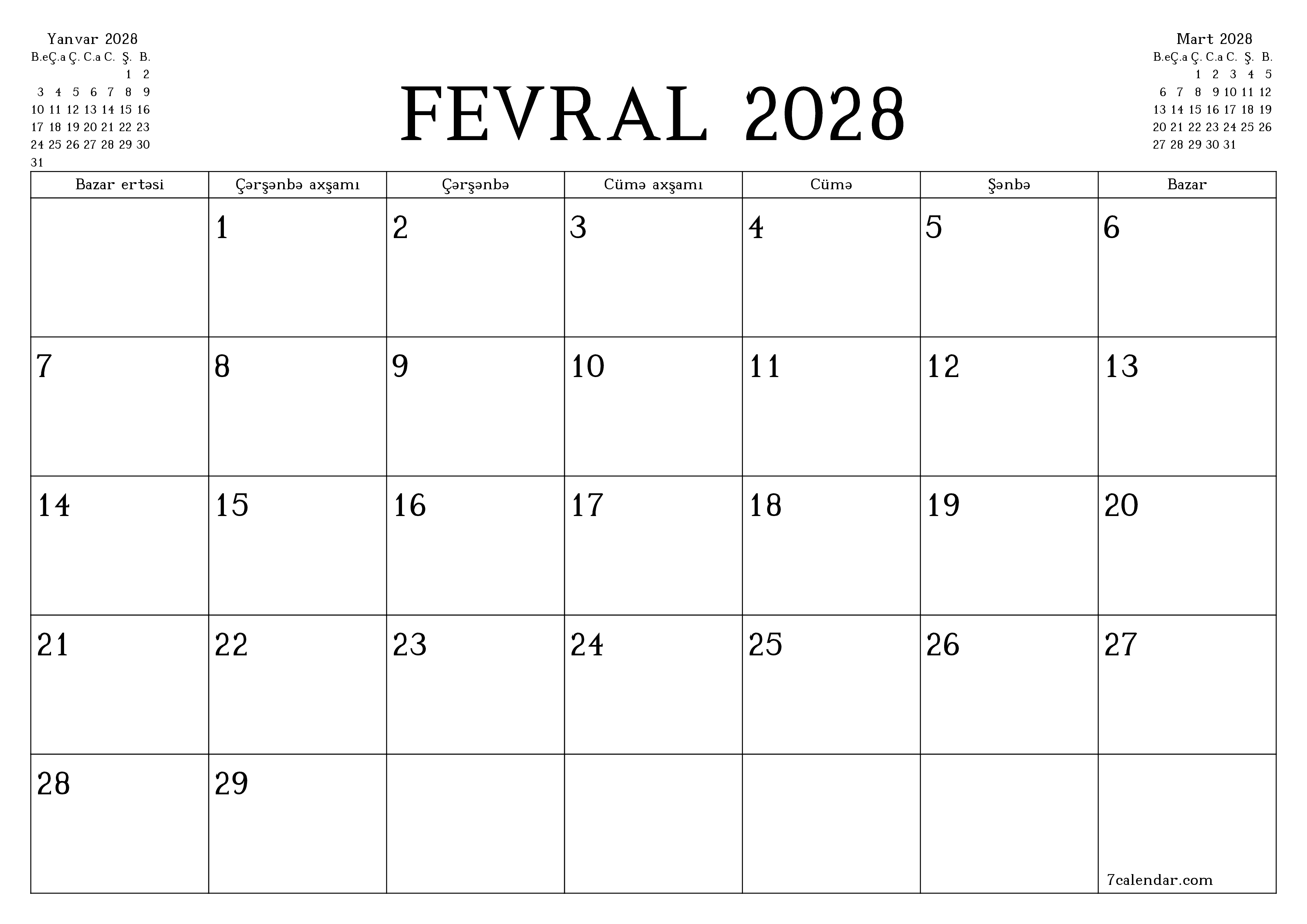 Fevral 2028 ayı üçün qeydlər ilə boş aylıq planlayıcı, qeyd edin və PDF-ə yazdırın PNG Azerbaijani