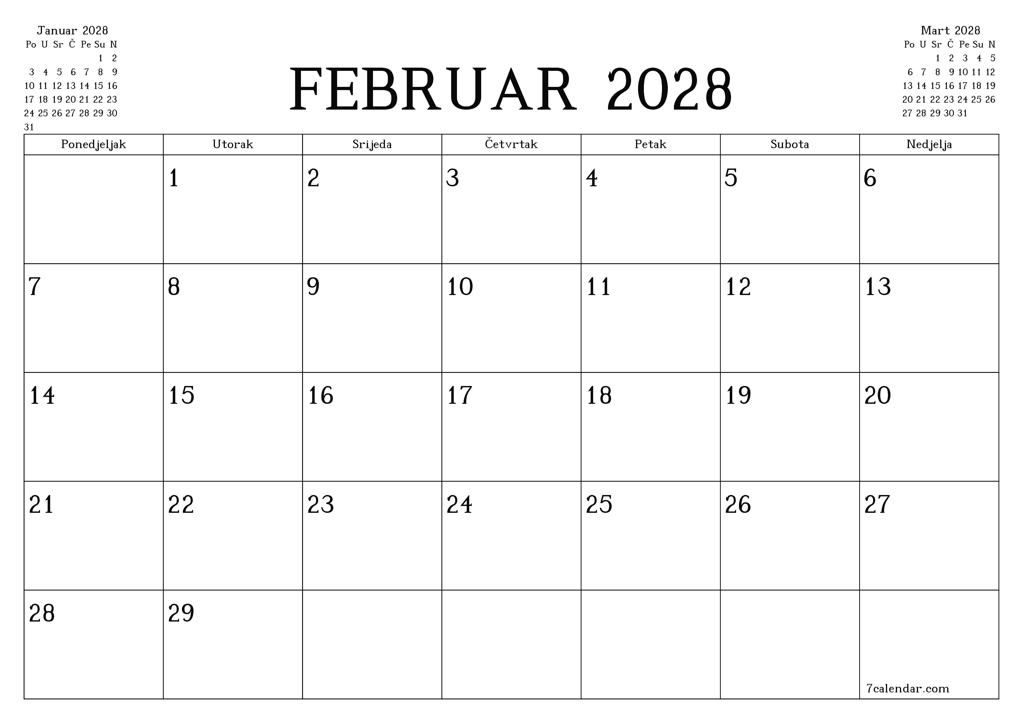 Ispraznite mjesečni planer za mjesec Februar 2028 s bilješkama, spremite i ispišite u PDF PNG Bosnian