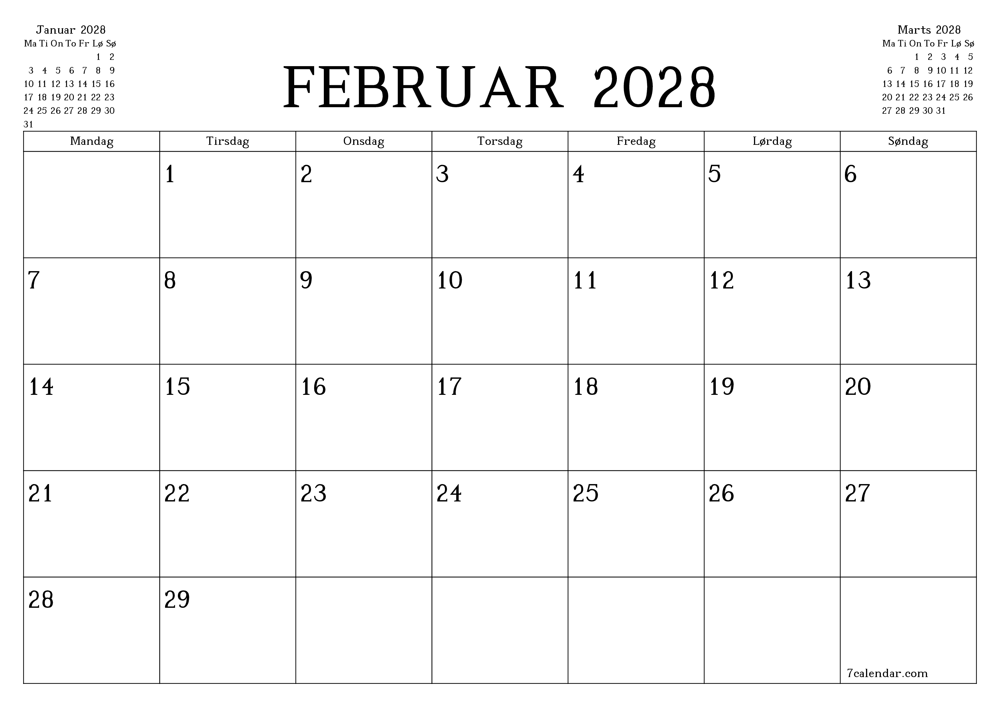 Tom månedlig planlægning for måned Februar 2028 med noter, gem og udskriv til PDF PNG Danish