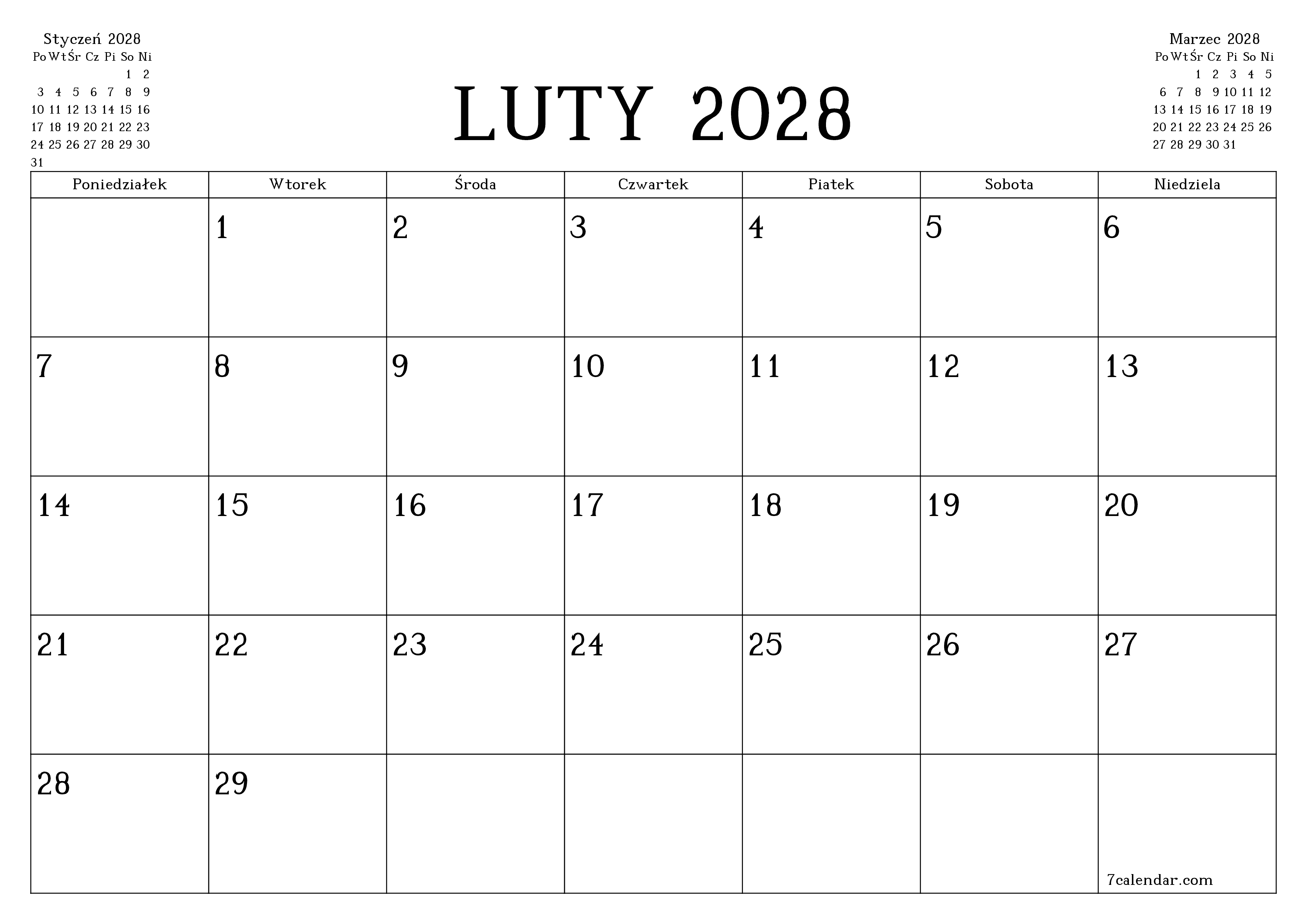 Opróżnij miesięczny planer na miesiąc Luty 2028 z notatkami, zapisz i wydrukuj w formacie PDF PNG Polish