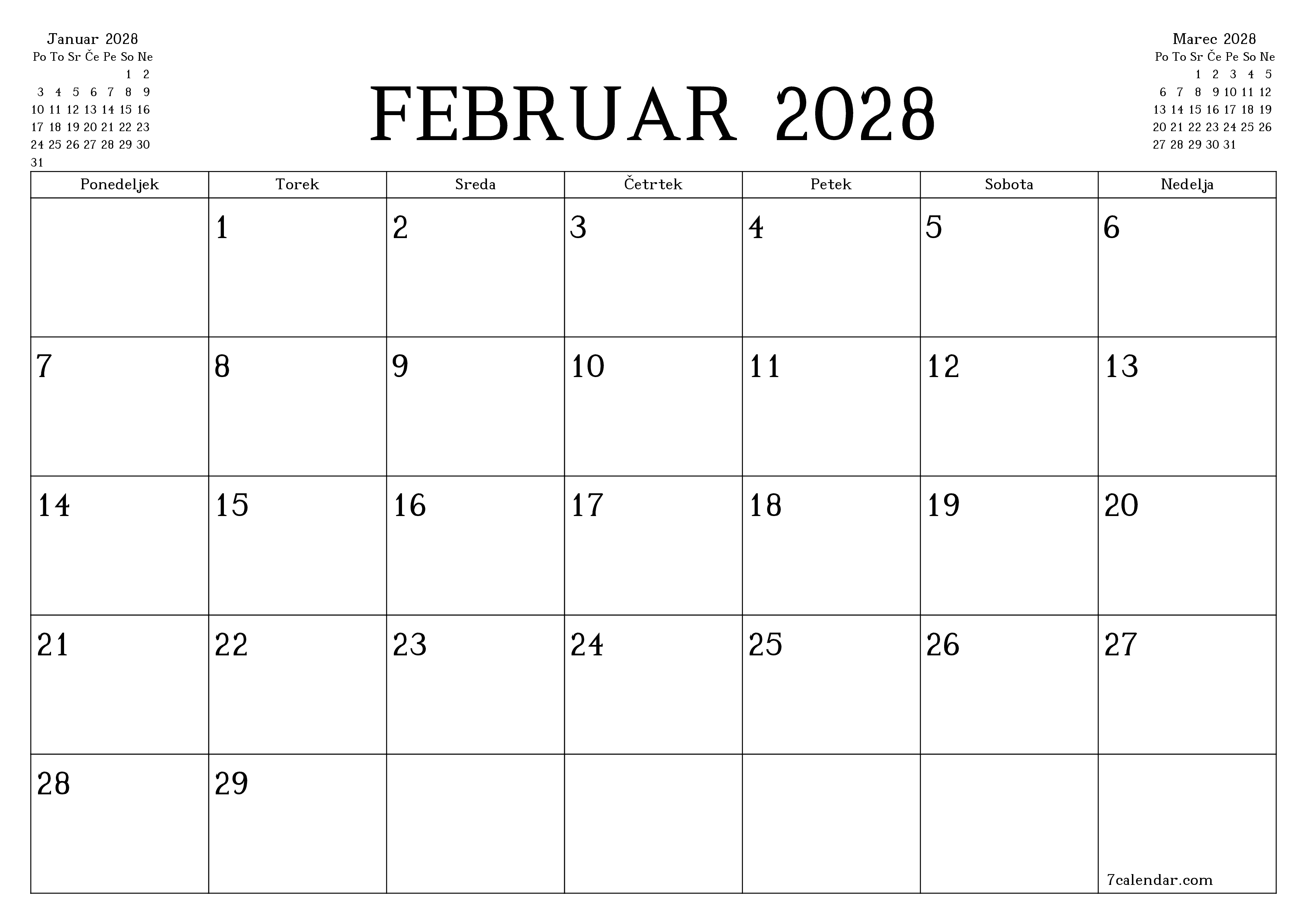 Prazen mesečni načrtovalec koledarja za mesec Februar 2028 z opombami, natisnjenimi v PDF PNG Slovenian