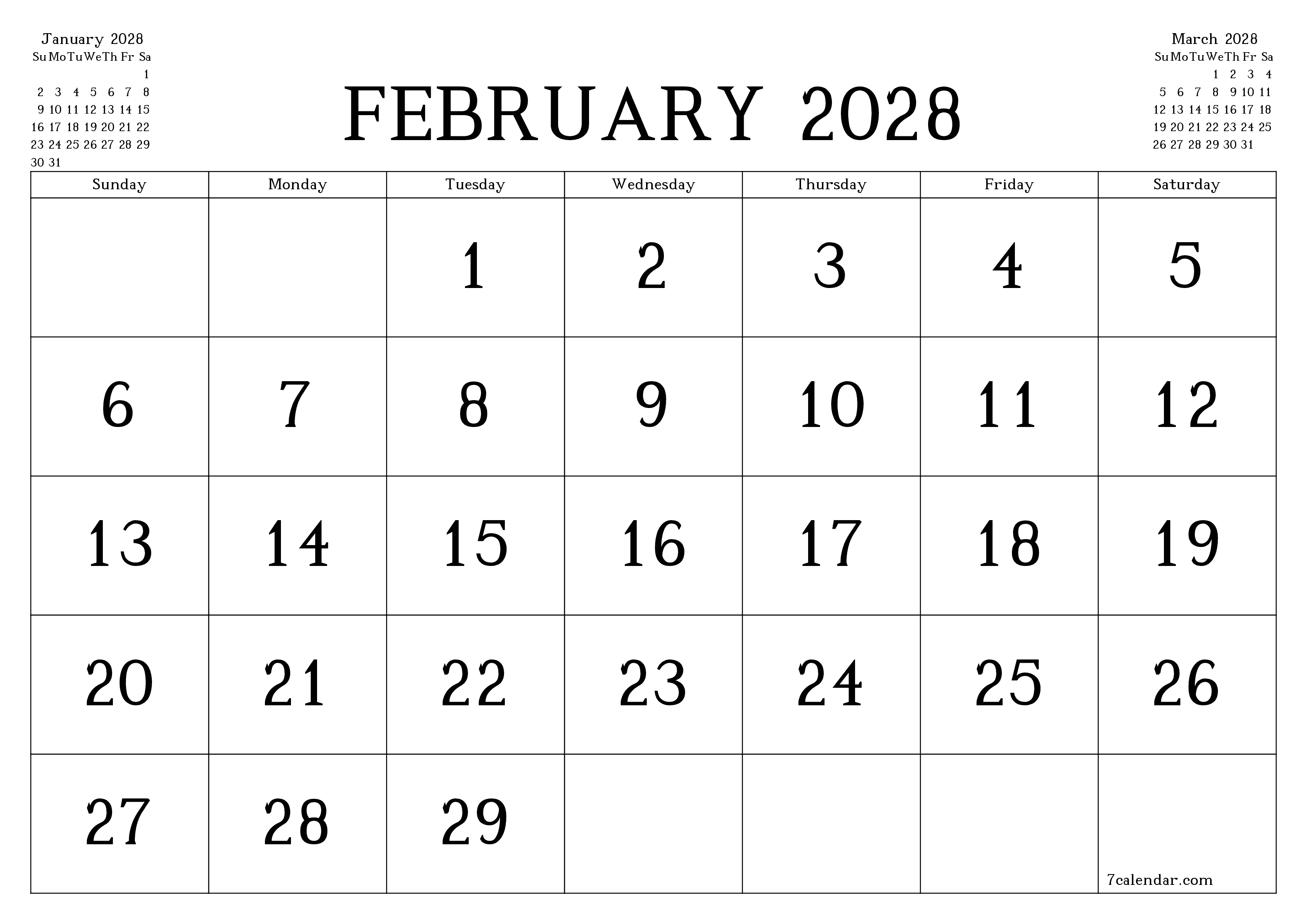 Blank calendar February 2028
