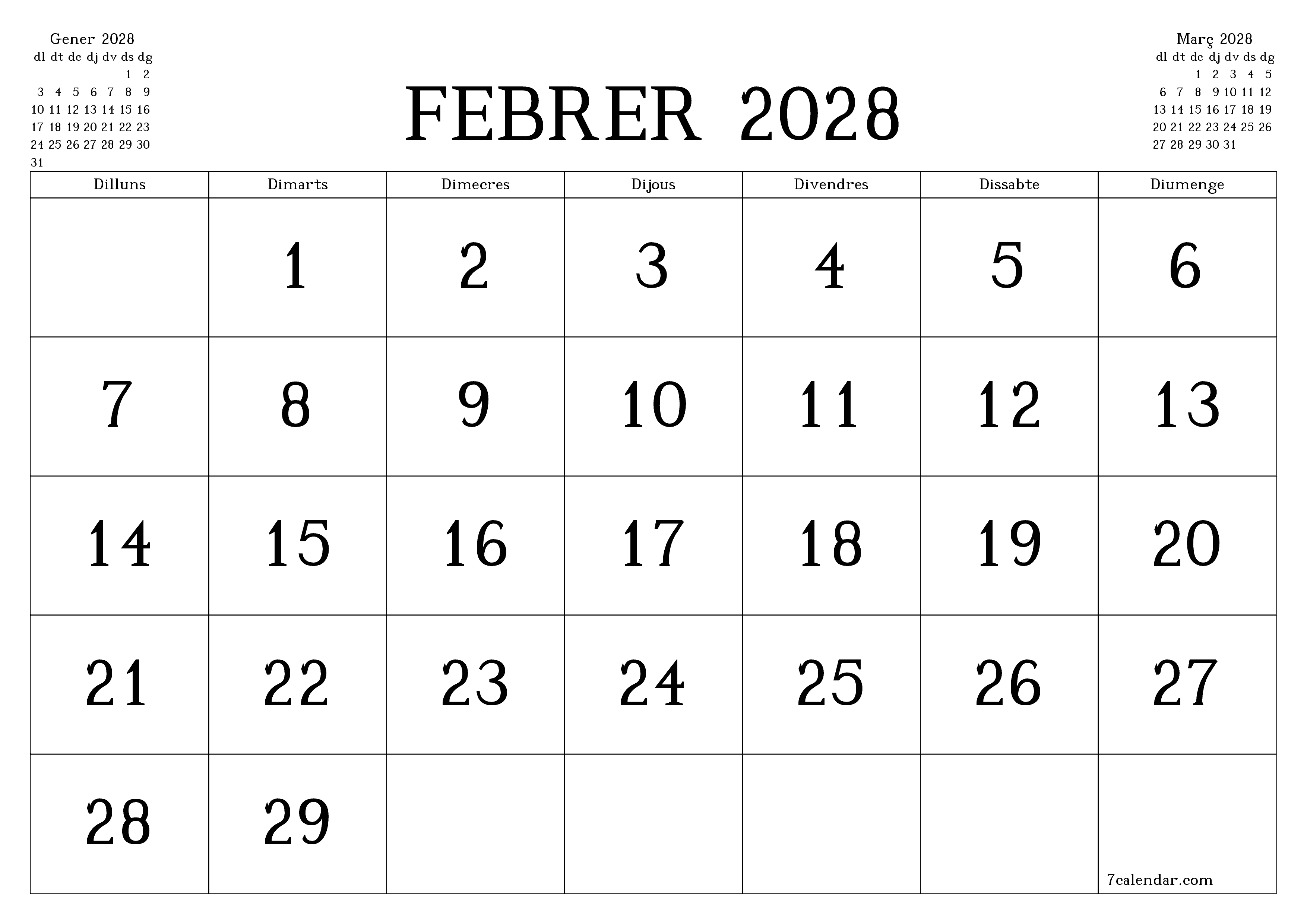 Planificador mensual buit del mes Febrer 2028 amb notes, deseu-lo i imprimiu-lo en format PDF PNG Catalan