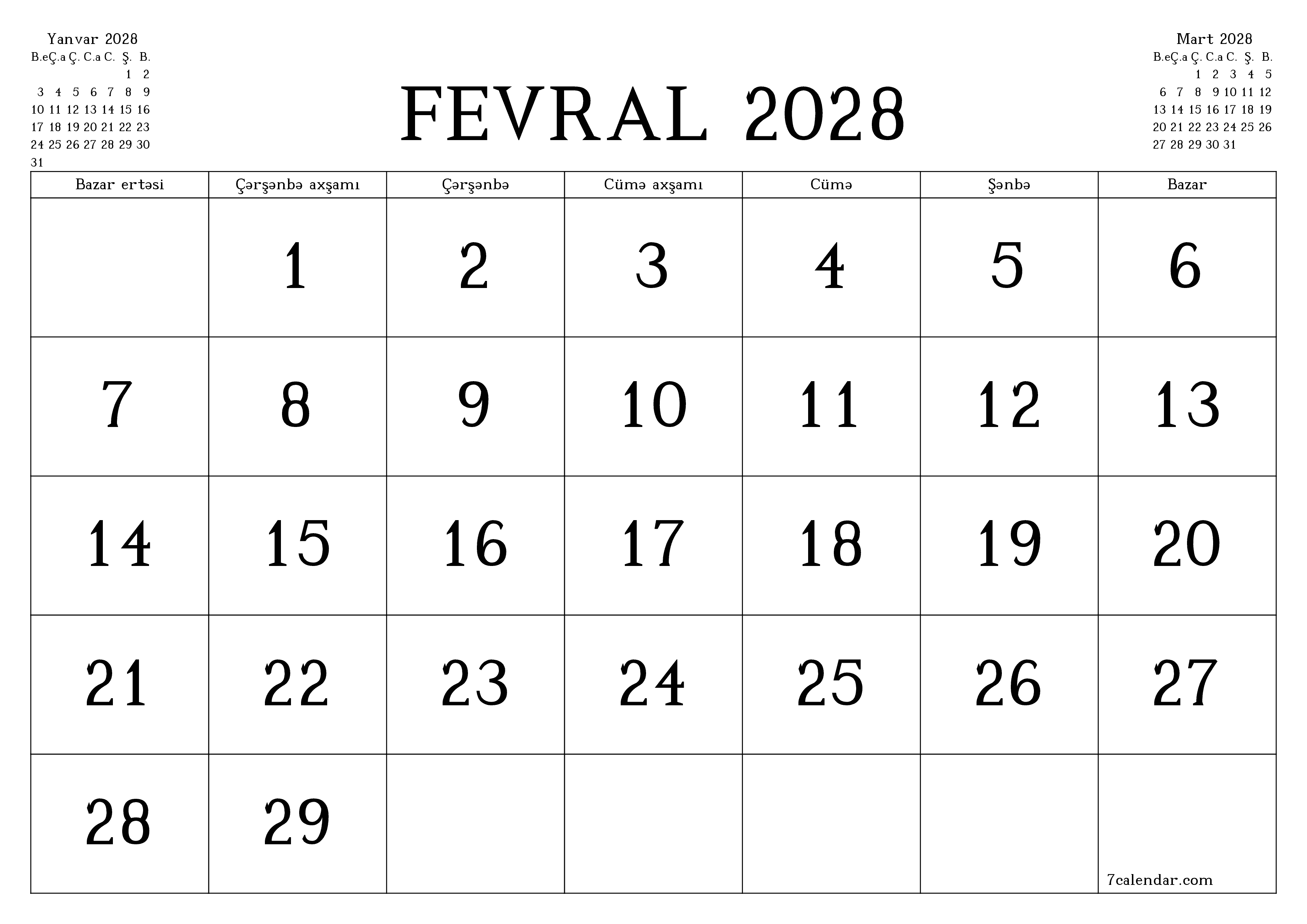 Fevral 2028 ayı üçün qeydlər ilə boş aylıq planlayıcı, qeyd edin və PDF-ə yazdırın PNG Azerbaijani