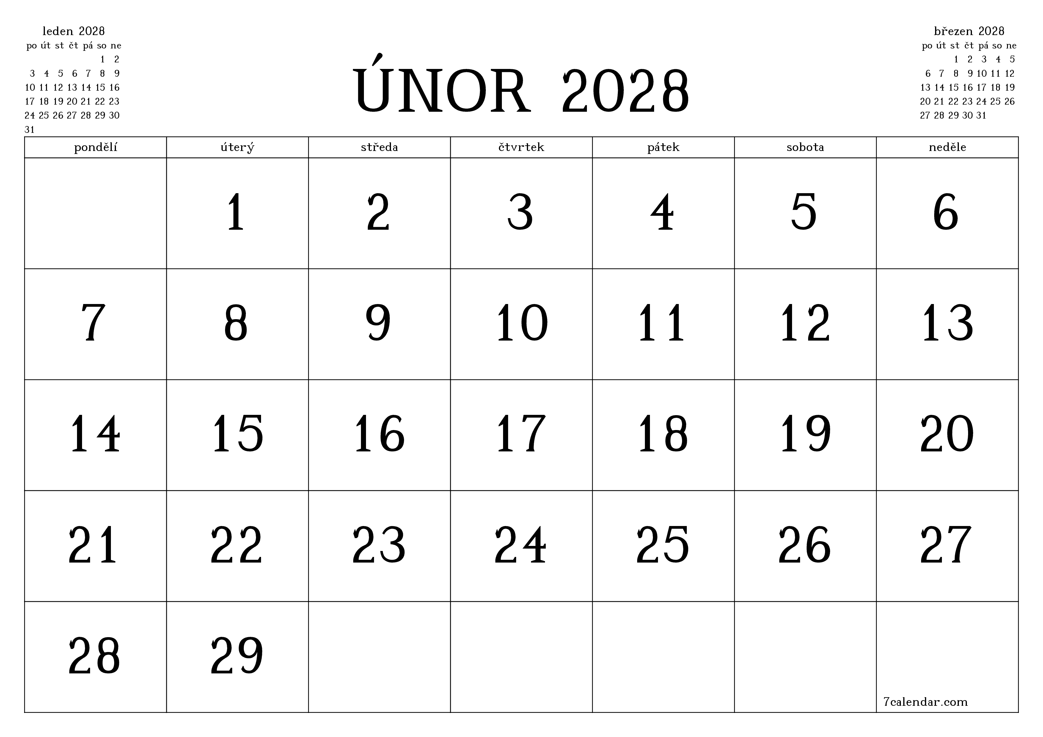 Vyprázdnit měsíční plánovač na měsíc únor 2028 s poznámkami, uložit a vytisknout do PDF PNG Czech