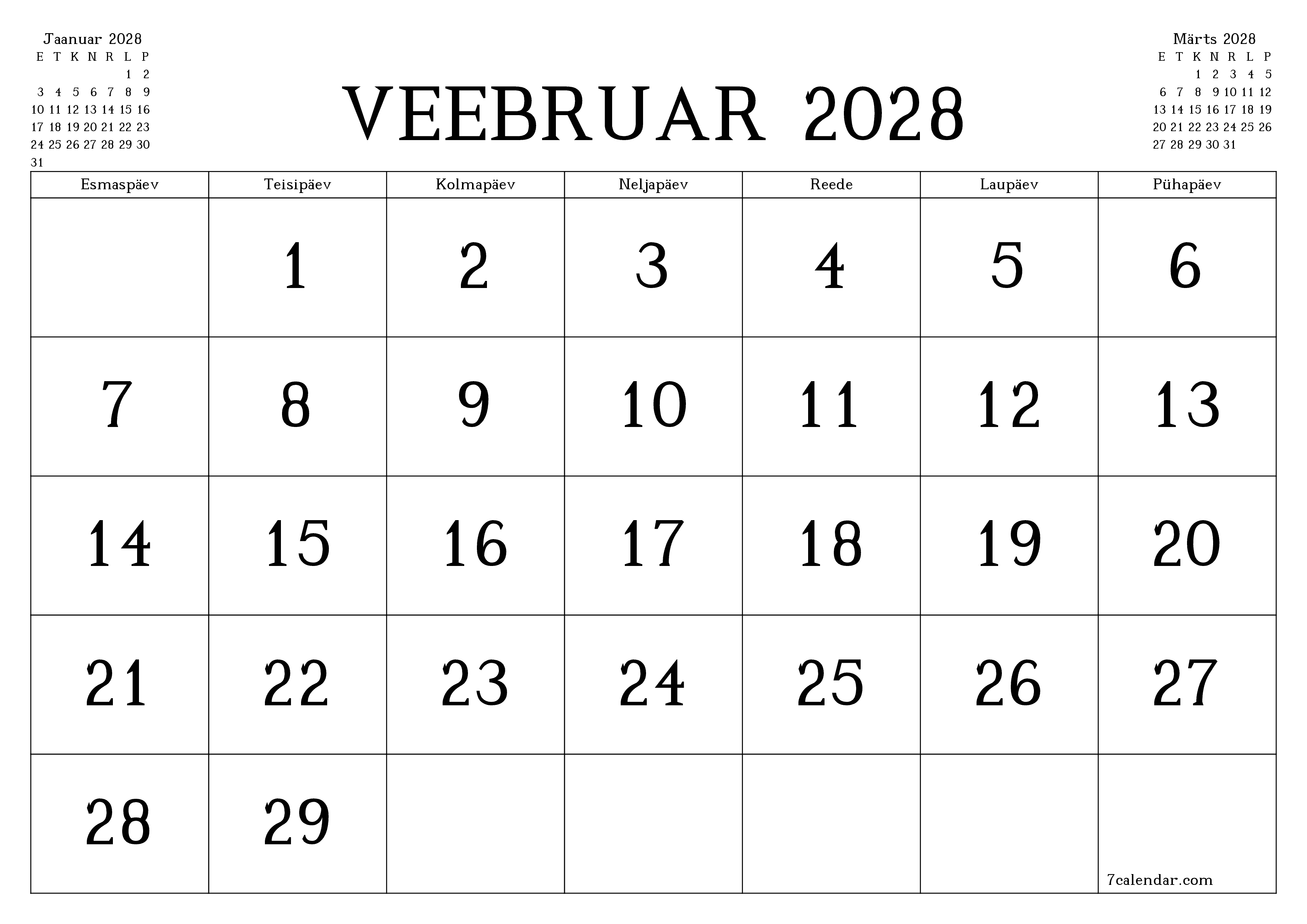 Tühjendage kuu Veebruar 2028 kuuplaneerija märkmetega, salvestage ja printige PDF-i PNG Estonian