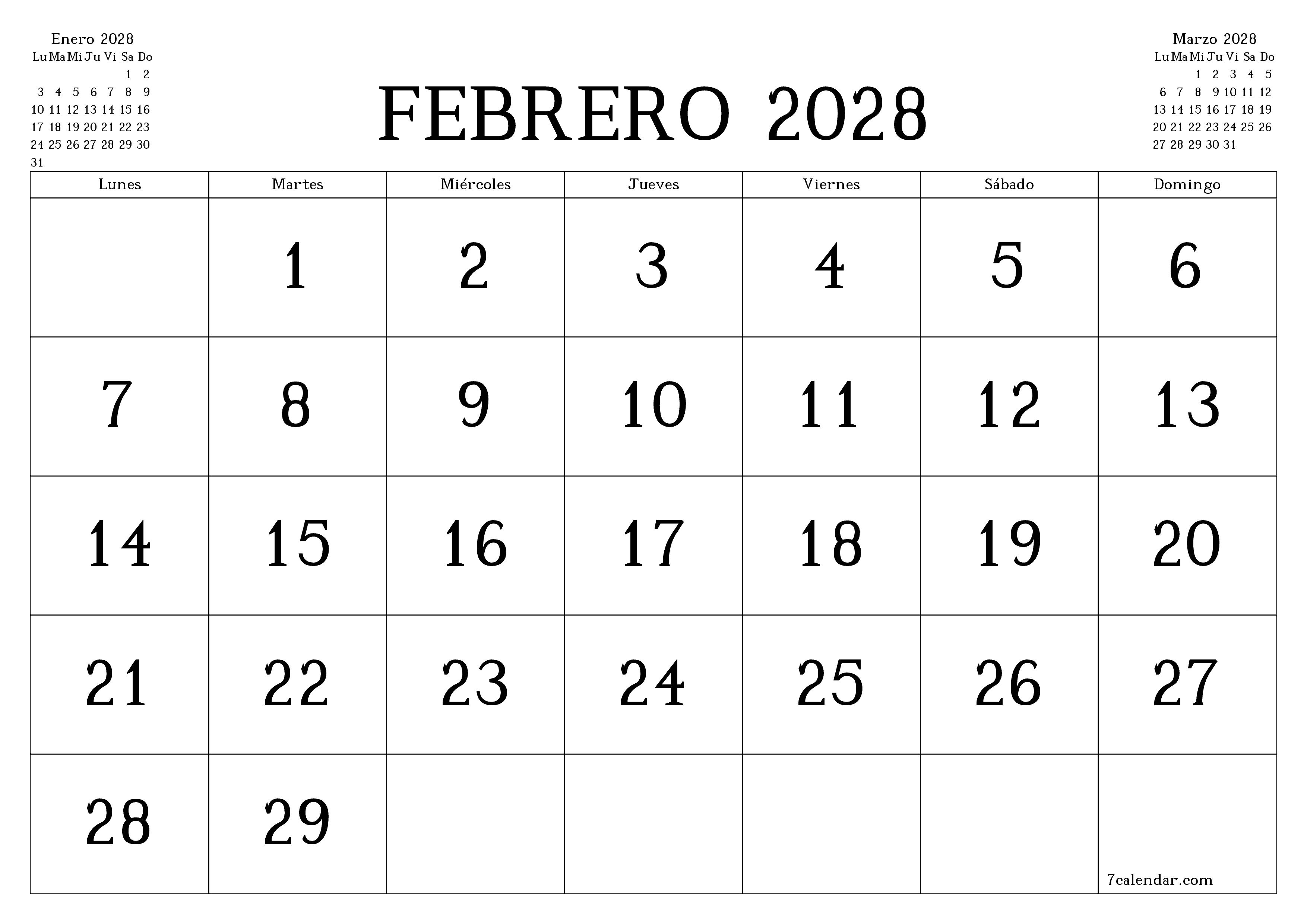 Planificador mensual vacío para el mes Febrero 2028 con notas, guardar e imprimir en PDF PNG Spanish
