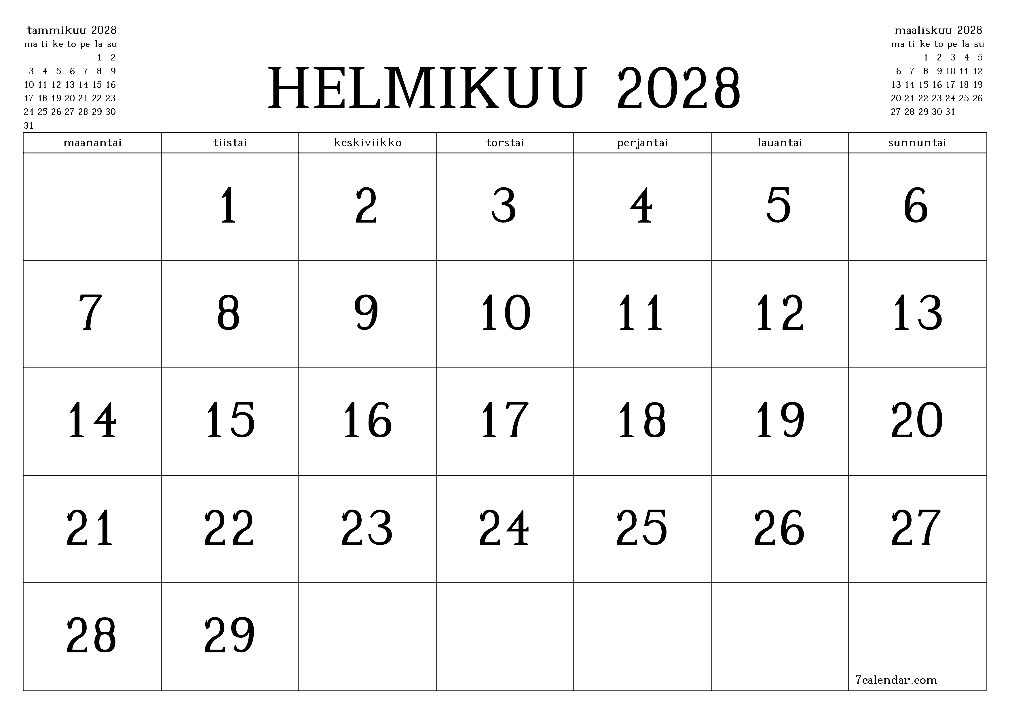 Tyhjennä kuukausittainen suunnittelija kuukaudelle Helmikuu 2028 muistiinpanoilla, tallenna ja tulosta PDF-muotoon PNG Finnish