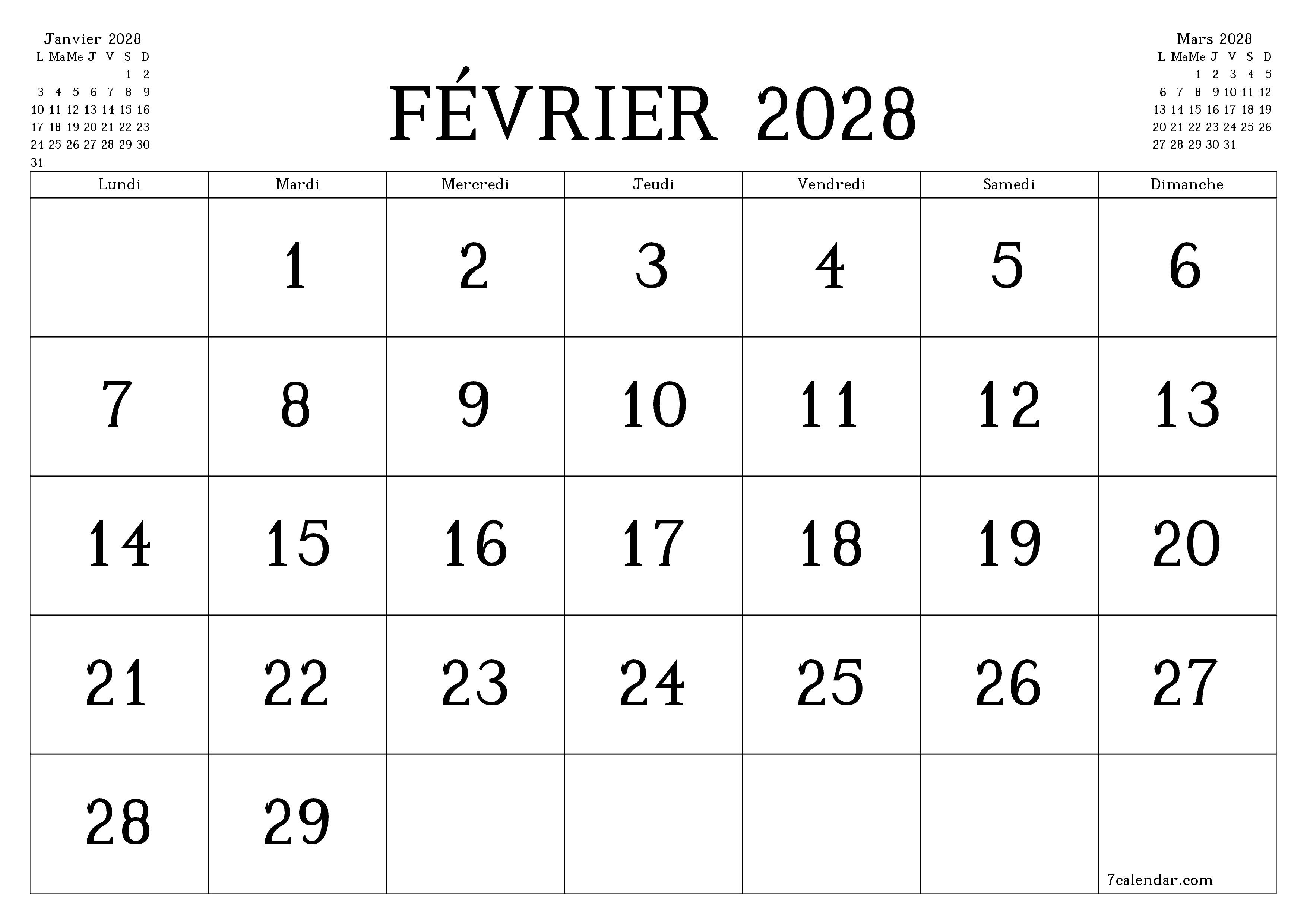 Agenda mensuel vide pour le mois Février 2028 avec notes, enregistrez et imprimez au format PDF PNG French