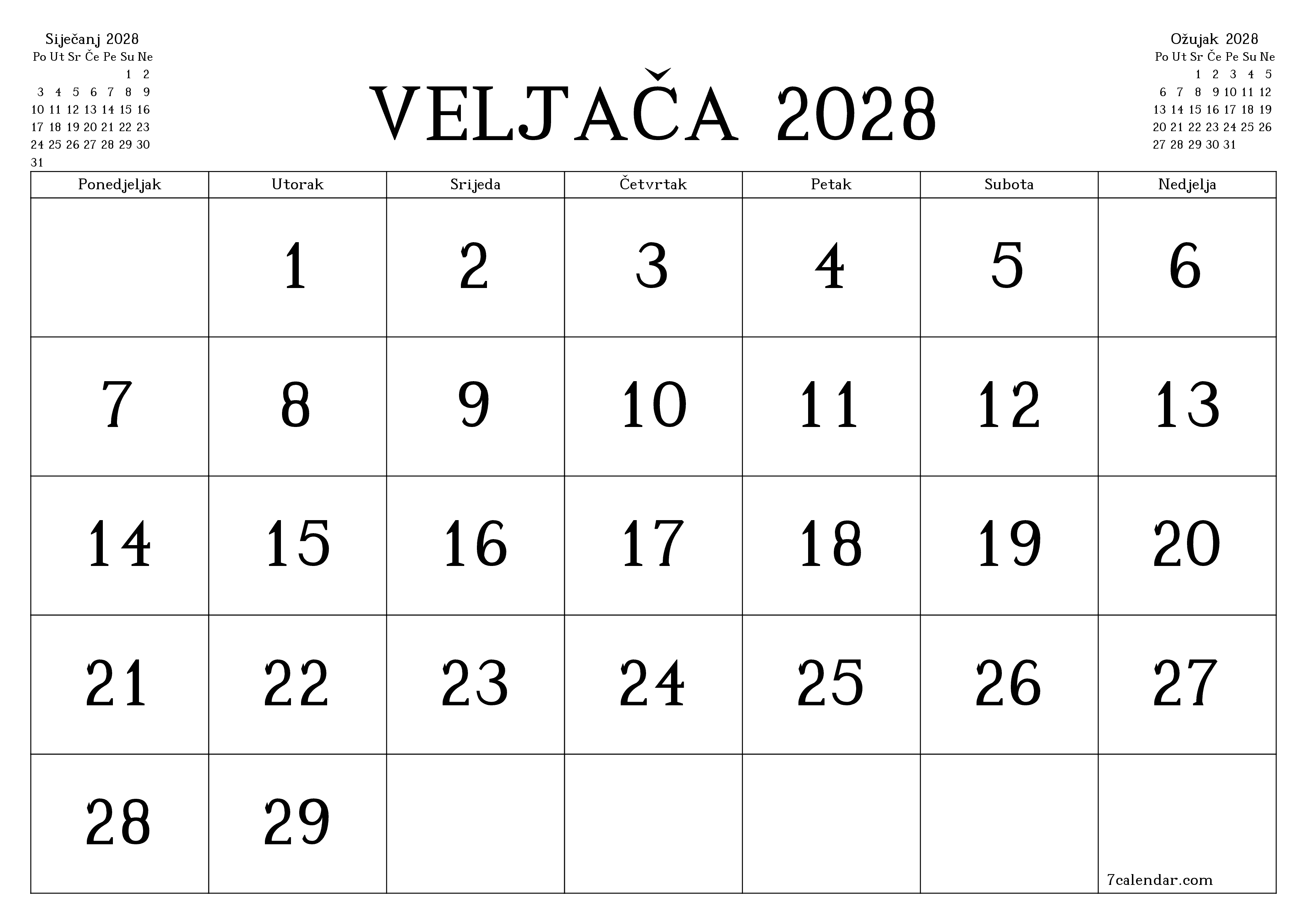 Ispraznite mjesečni planer za mjesec Veljača 2028 s bilješkama, spremite i ispišite u PDF PNG Croatian