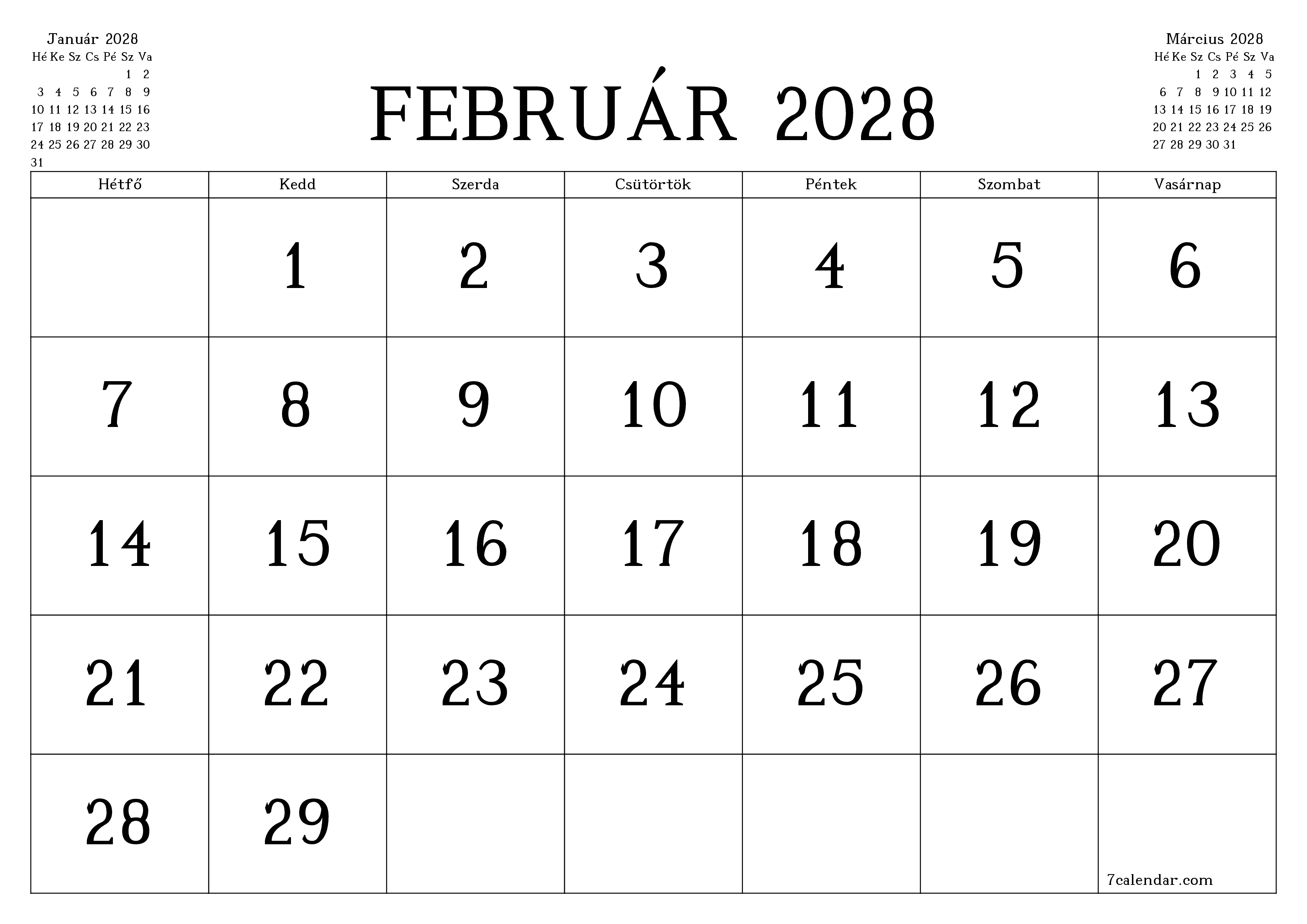 Üres havi tervező a Február 2028 hónapra jegyzetekkel, mentés és nyomtatás PDF-be PNG Hungarian