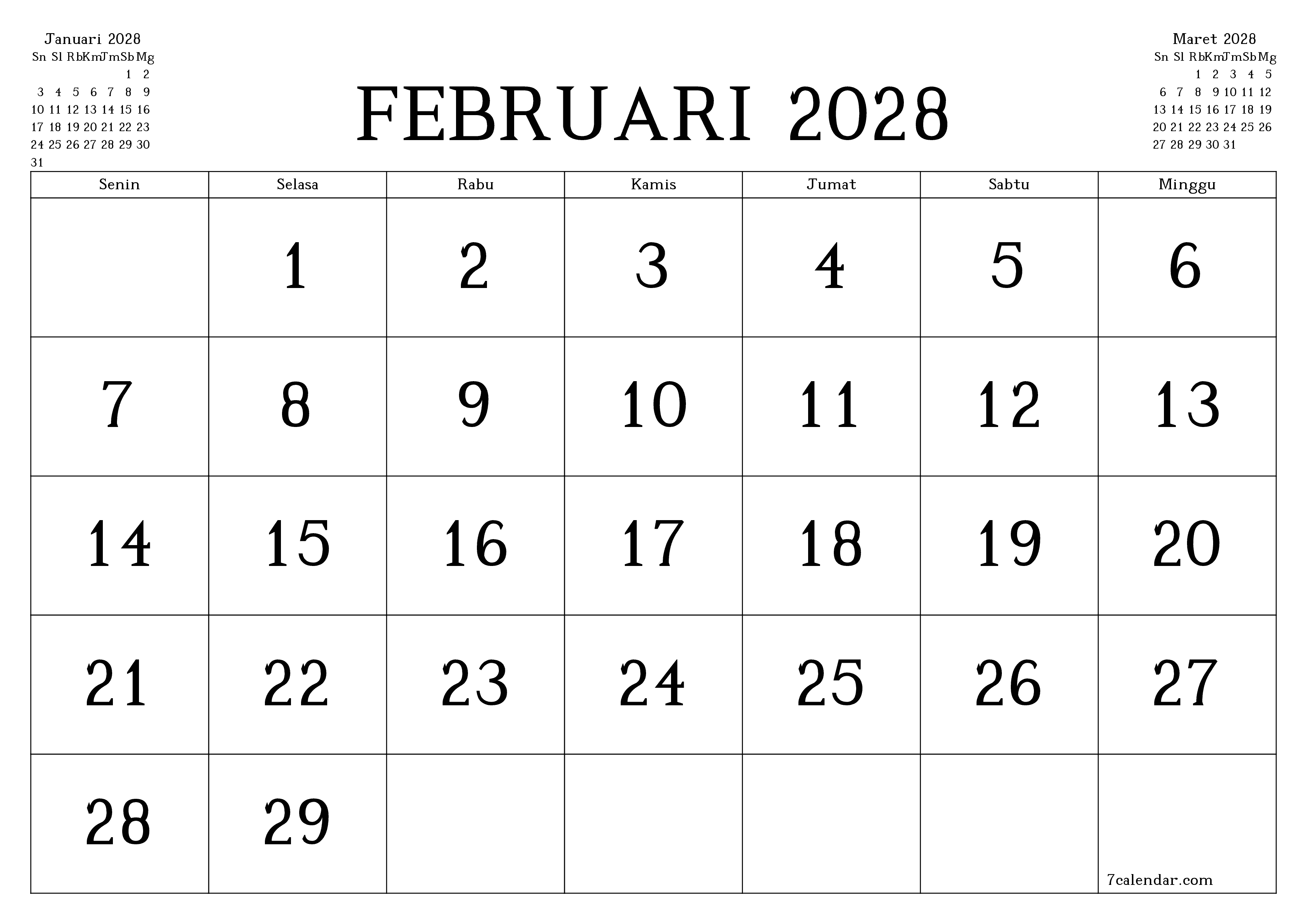 Kosongkan agenda bulanan untuk bulan Februari 2028 dengan catatan, simpan dan cetak ke PDF PNG Indonesian