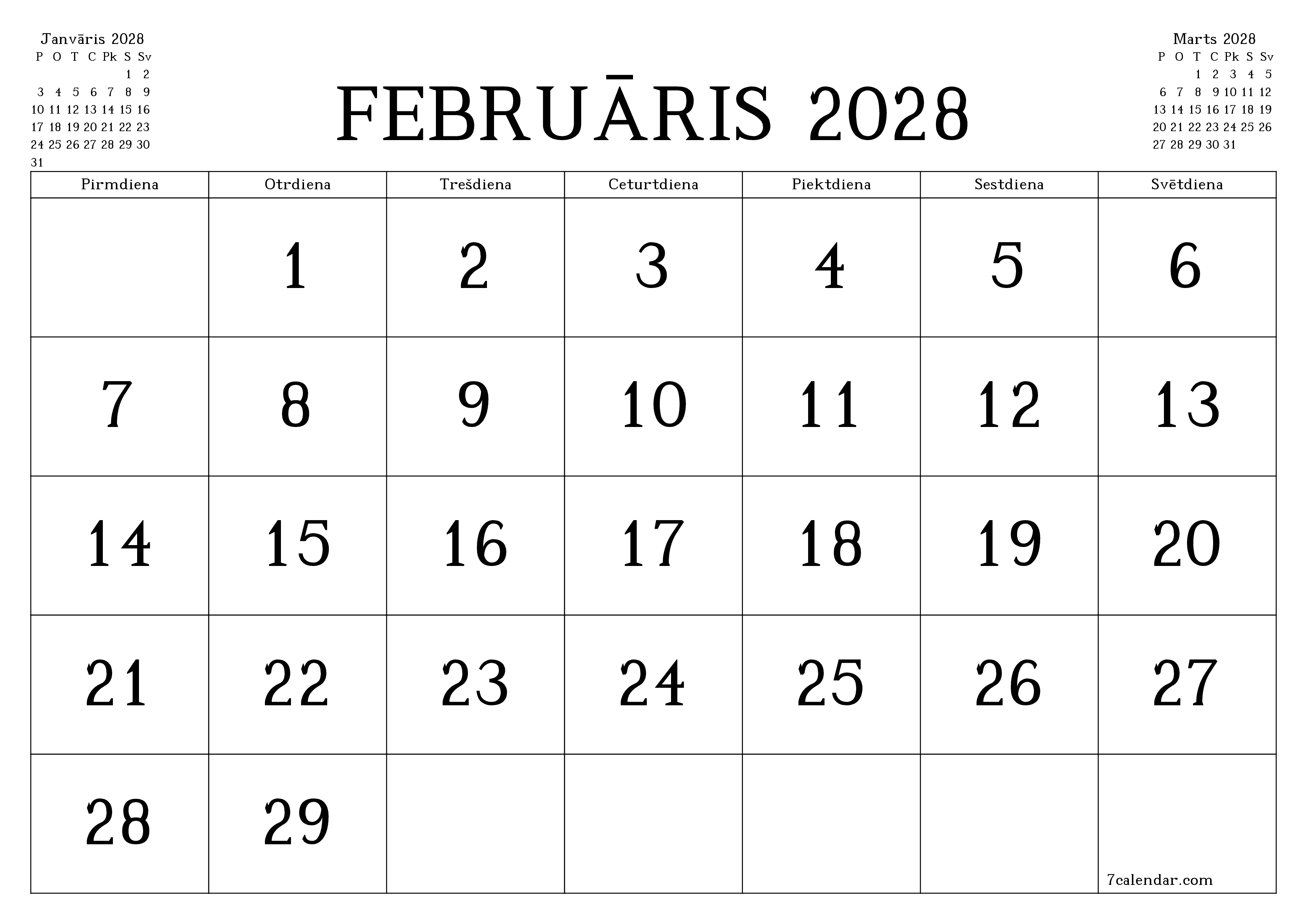 Iztukšot mēneša plānotāju mēnesim Februāris 2028 ar piezīmēm, saglabāt un izdrukāt PDF formātā PNG Latvian