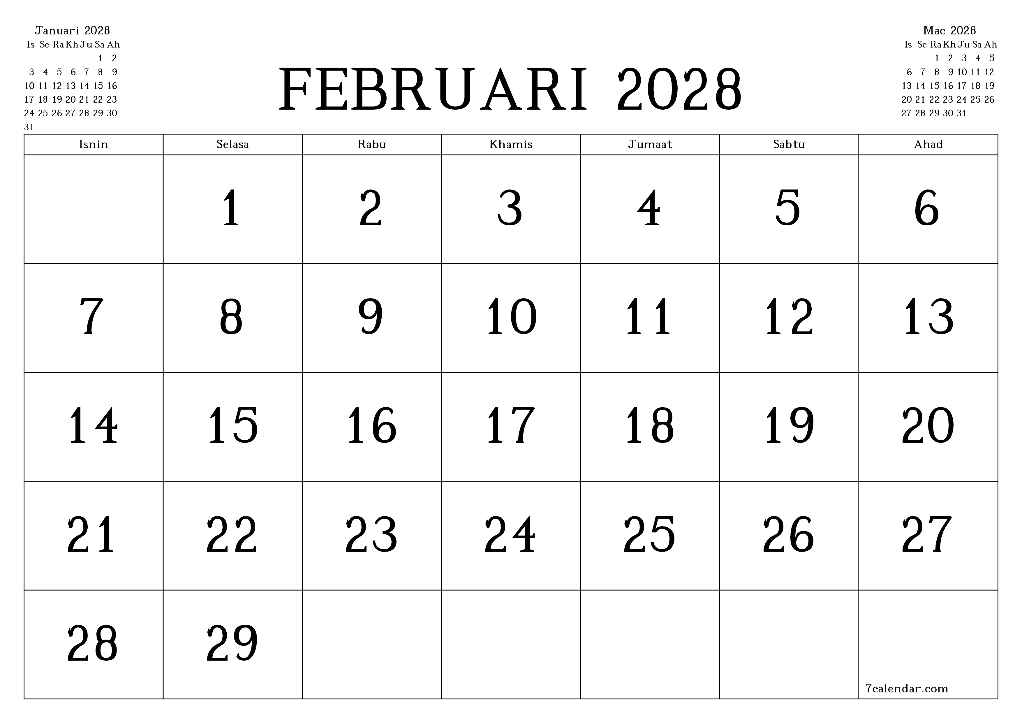 Perancang bulanan kosong untuk bulan Februari 2028 dengan nota, simpan dan cetak ke PDF PNG Malay