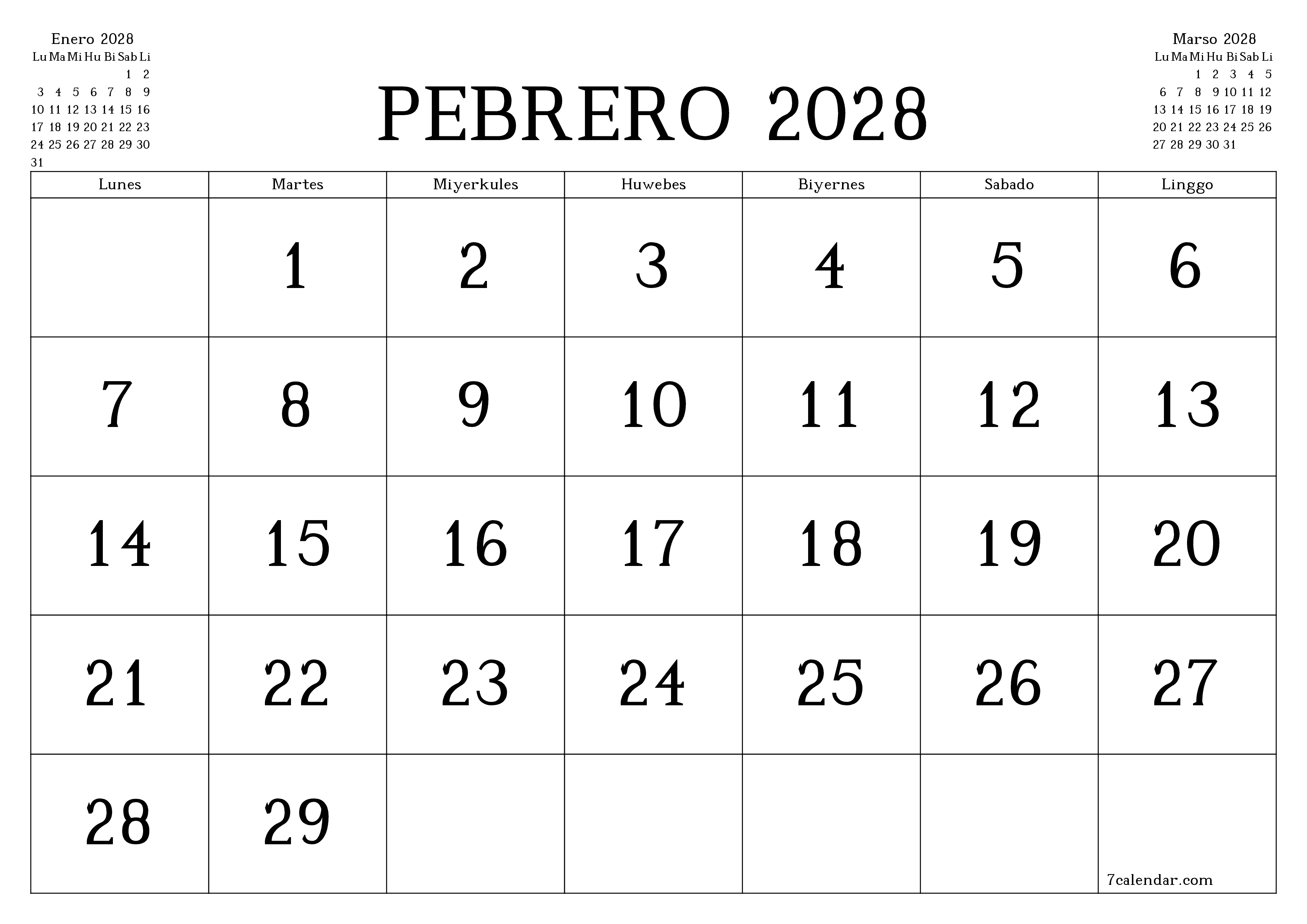 Walang laman na buwanang tagaplano para sa buwan na Pebrero 2028 na may mga tala, i-save at i-print sa PDF PNG Filipino
