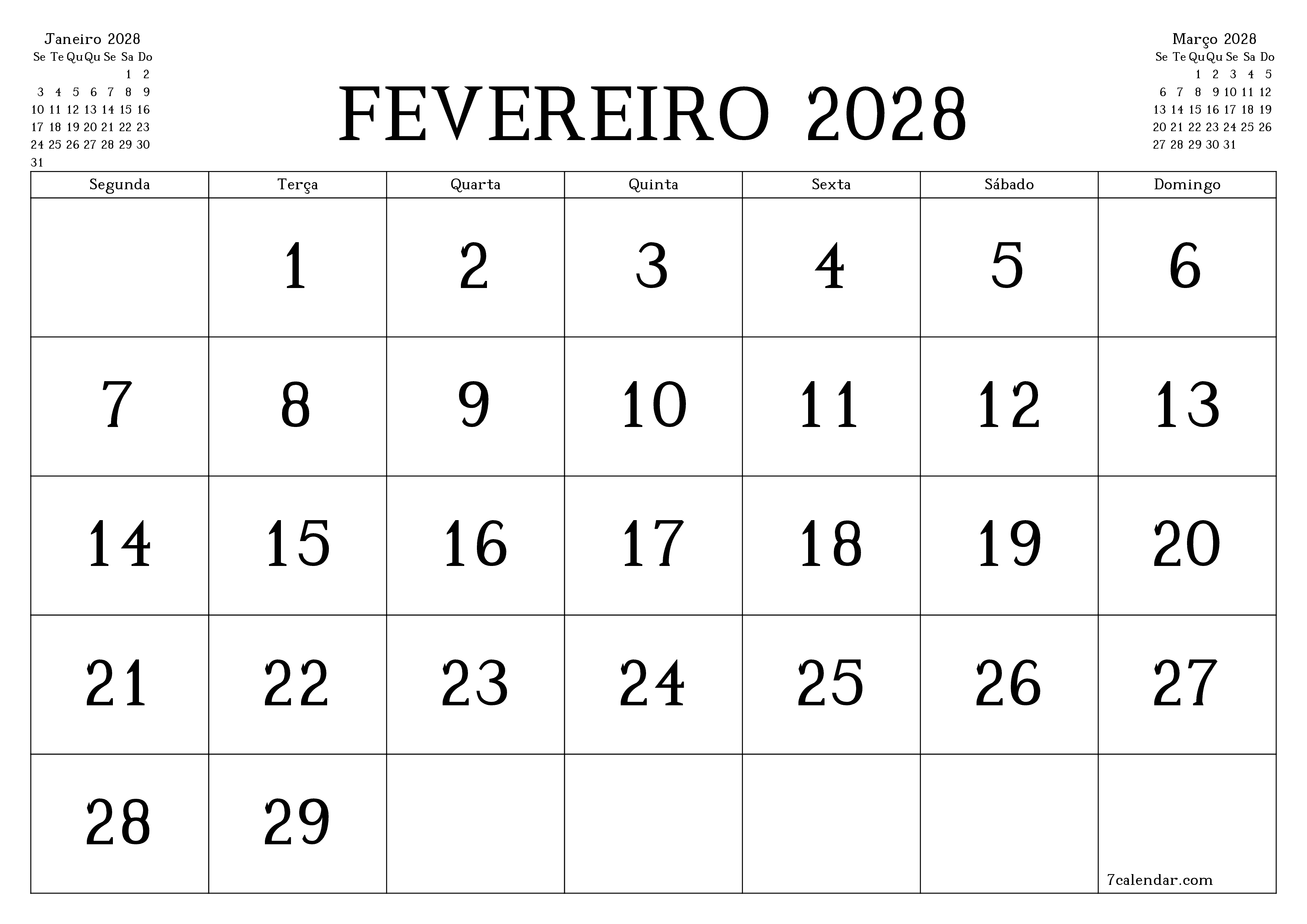 Esvazie o planejador mensal para o mês Fevereiro 2028 com notas, salve e imprima em PDF PNG Portuguese