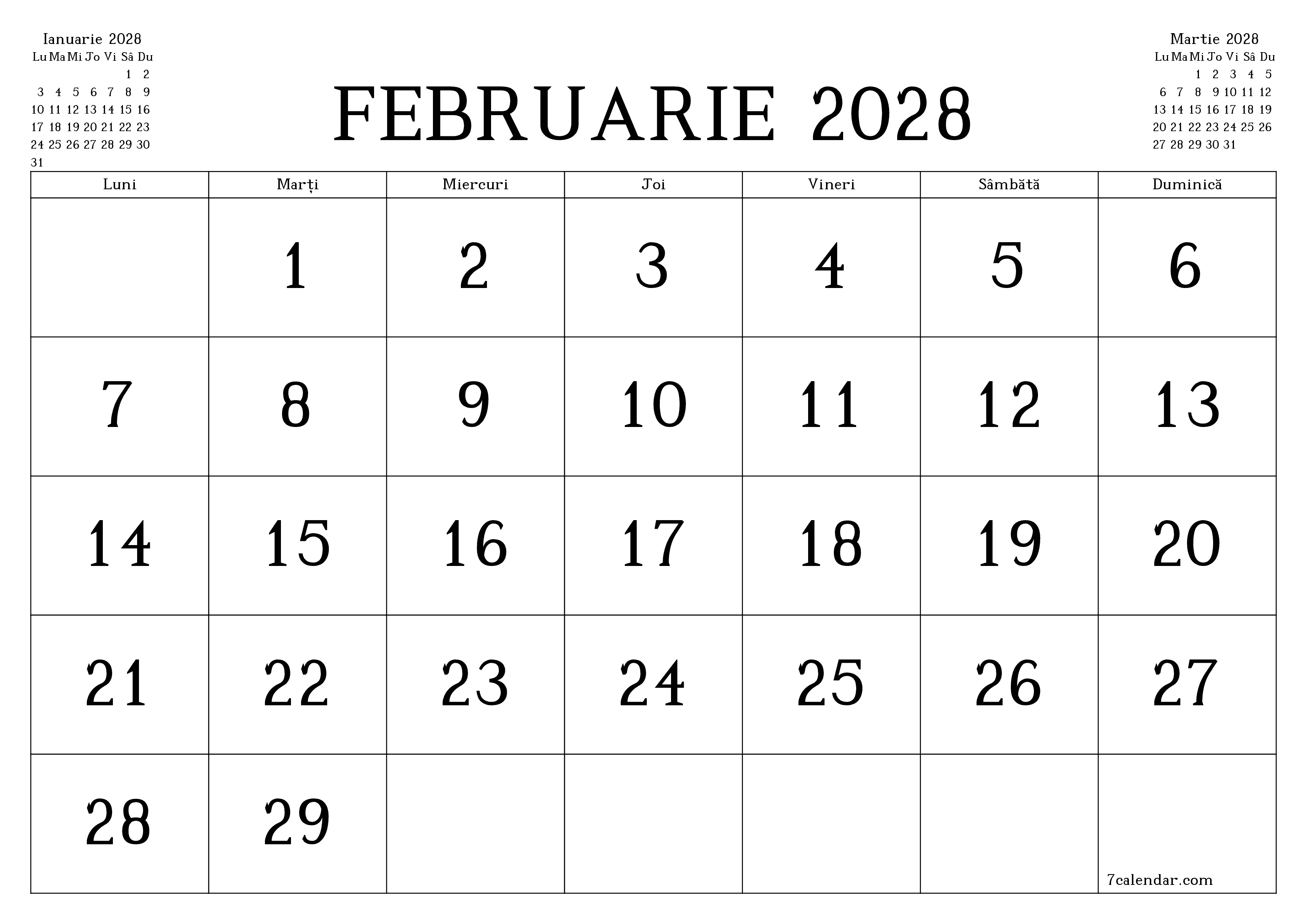 Planificator lunar gol pentru luna Februarie 2028 cu note, salvați și tipăriți în PDF PNG Romanian