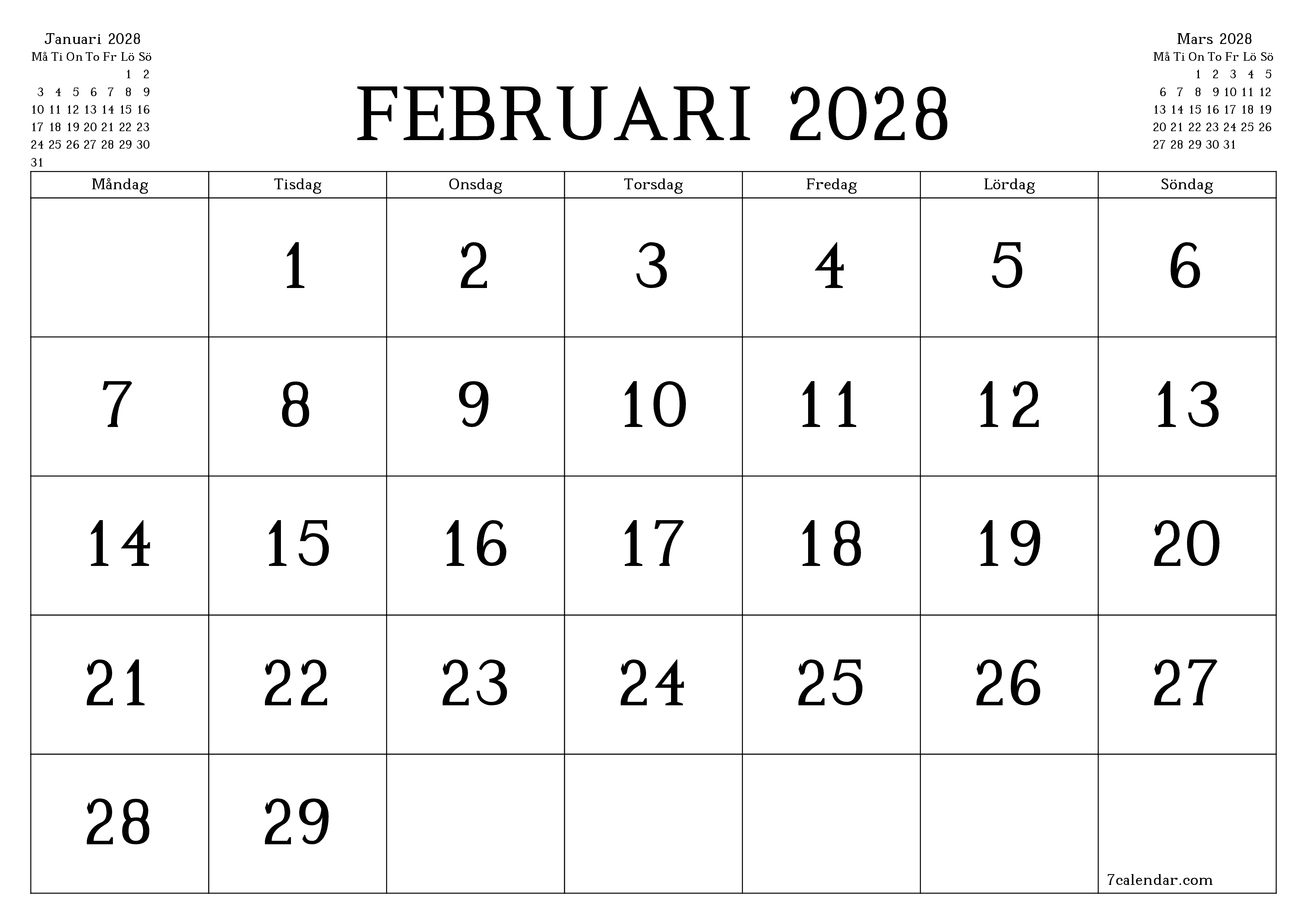 Tom månadsplanerare för månad Februari 2028 med anteckningar, spara och skriv ut till PDF PNG Swedish