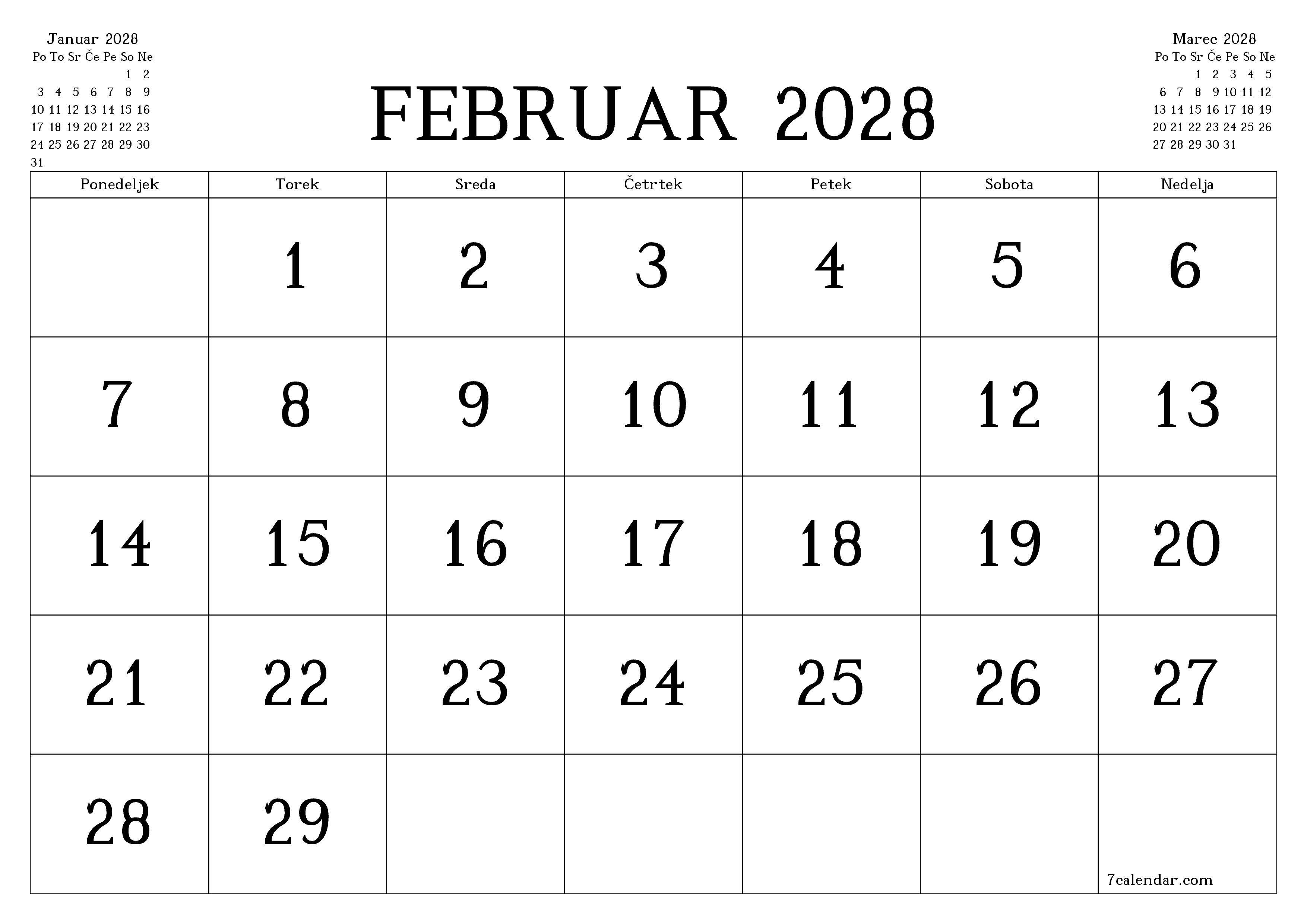 Prazen mesečni načrtovalec koledarja za mesec Februar 2028 z opombami, natisnjenimi v PDF PNG Slovenian