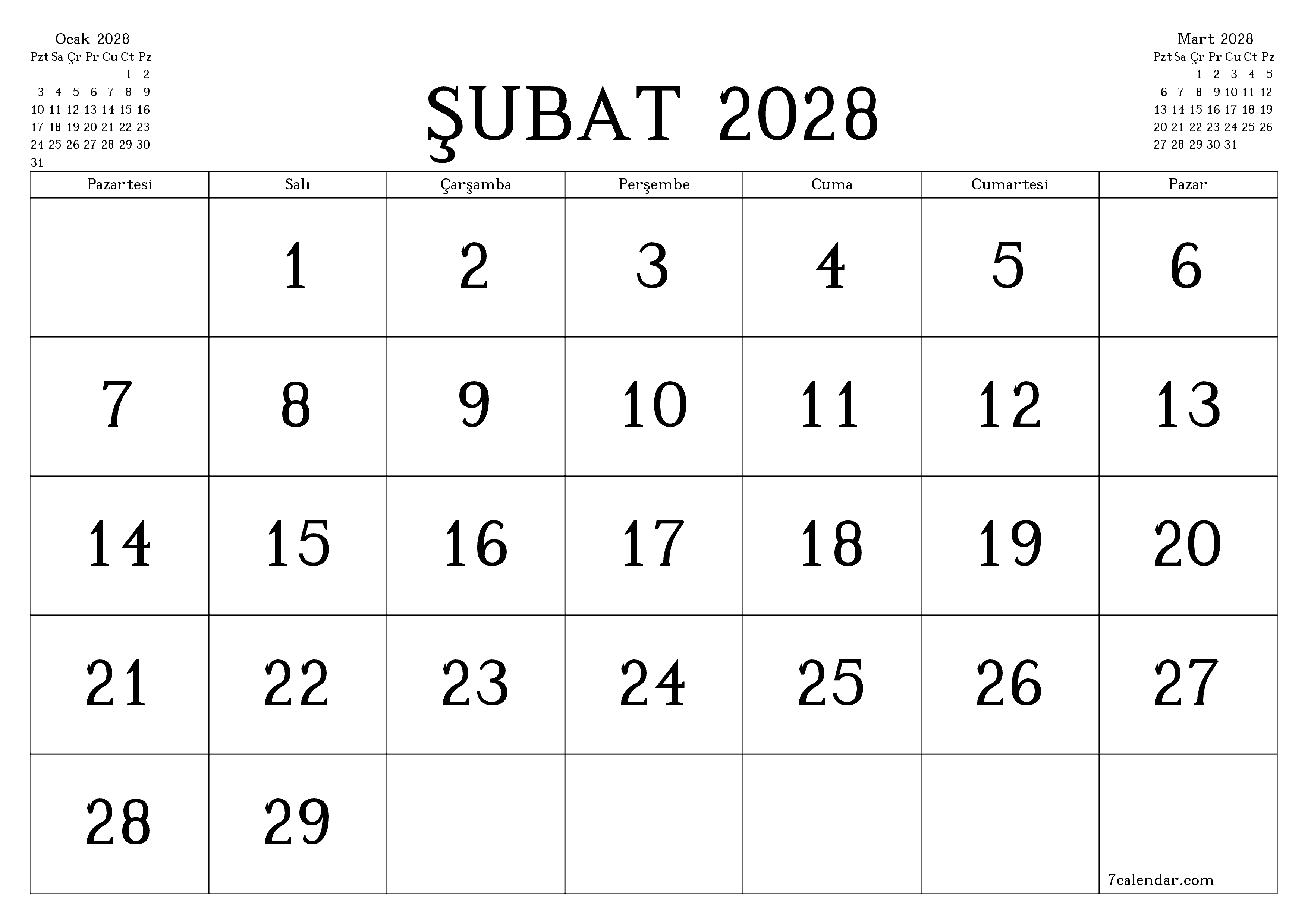 Şubat 2028 ayı için notlarla birlikte boş aylık planlayıcı, kaydedin ve PDF'ye yazdırın PNG Turkish