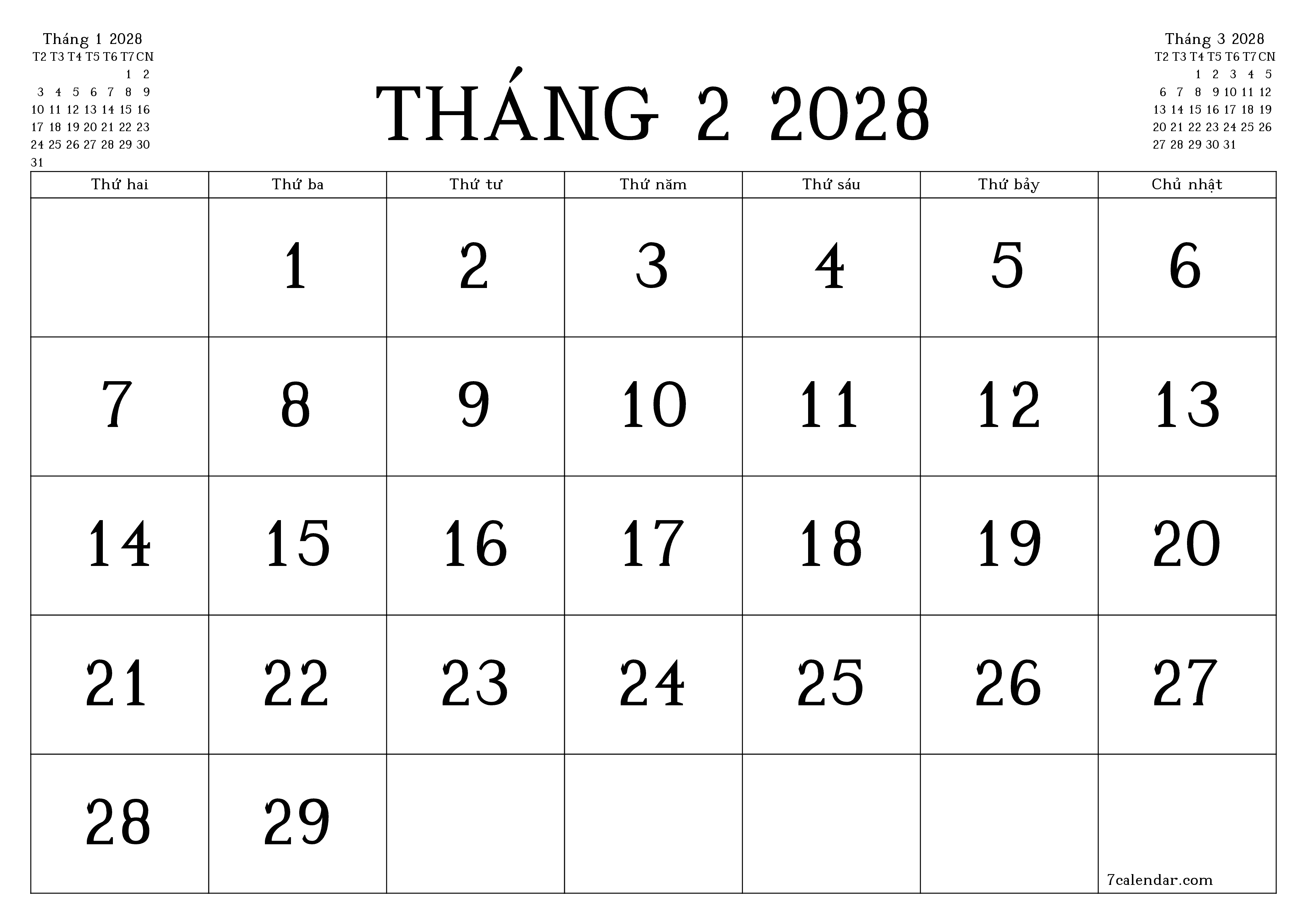 Công cụ lập kế hoạch hàng tháng trống cho tháng Tháng 2 2028 có ghi chú, lưu và in sang PDF PNG Vietnamese