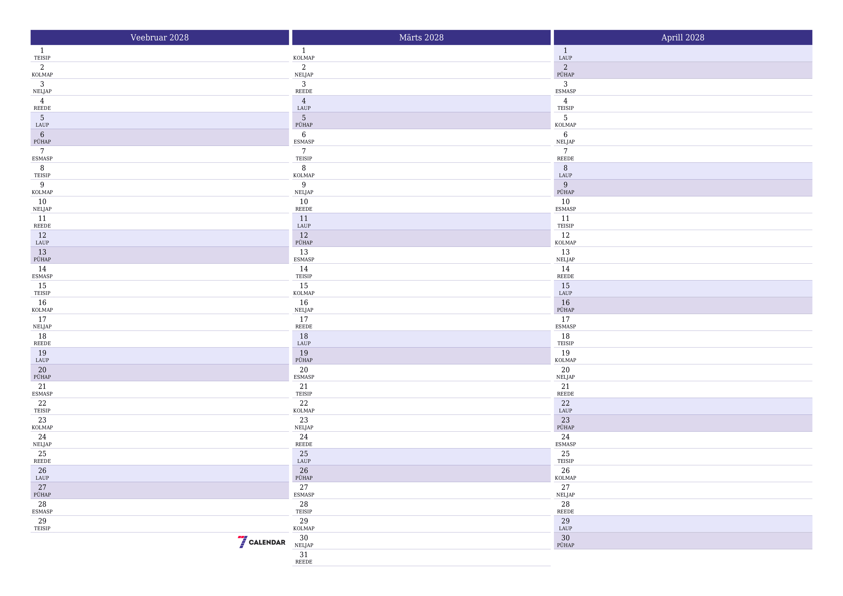 Tühjendage kuu Veebruar 2028 kuuplaneerija märkmetega, salvestage ja printige PDF-i PNG Estonian