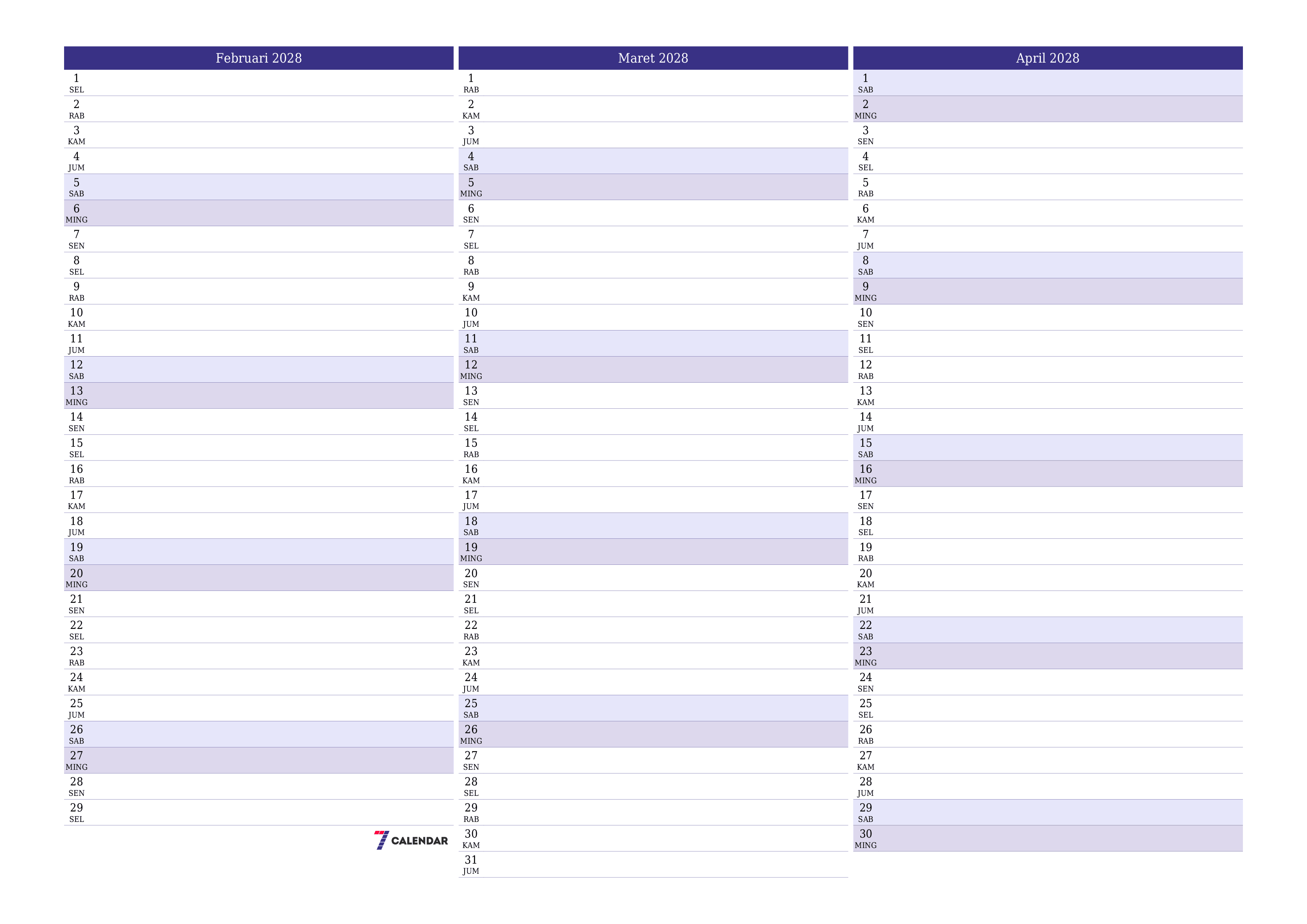 Kosongkan agenda bulanan untuk bulan Februari 2028 dengan catatan, simpan dan cetak ke PDF PNG Indonesian